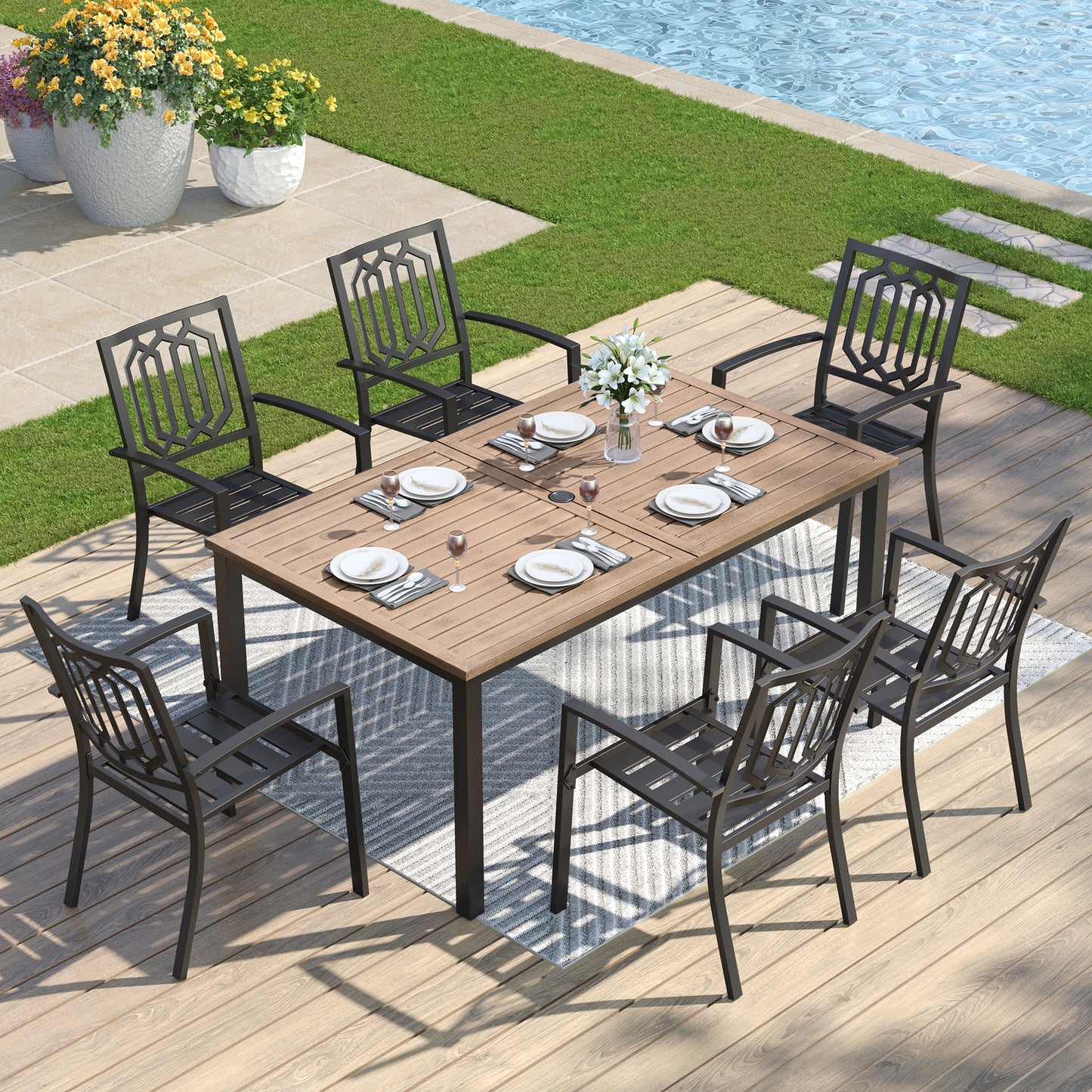 Captiva Designs 7 件套露台餐厅 U 型腿木质长方形桌子和金属可堆叠椅子，带剥离式靠背