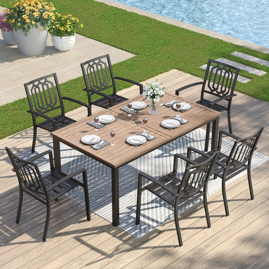 Captiva Designs 7 件套露台餐厅 U 型腿木质长方形桌子和金属可堆叠椅子，带剥离式靠背