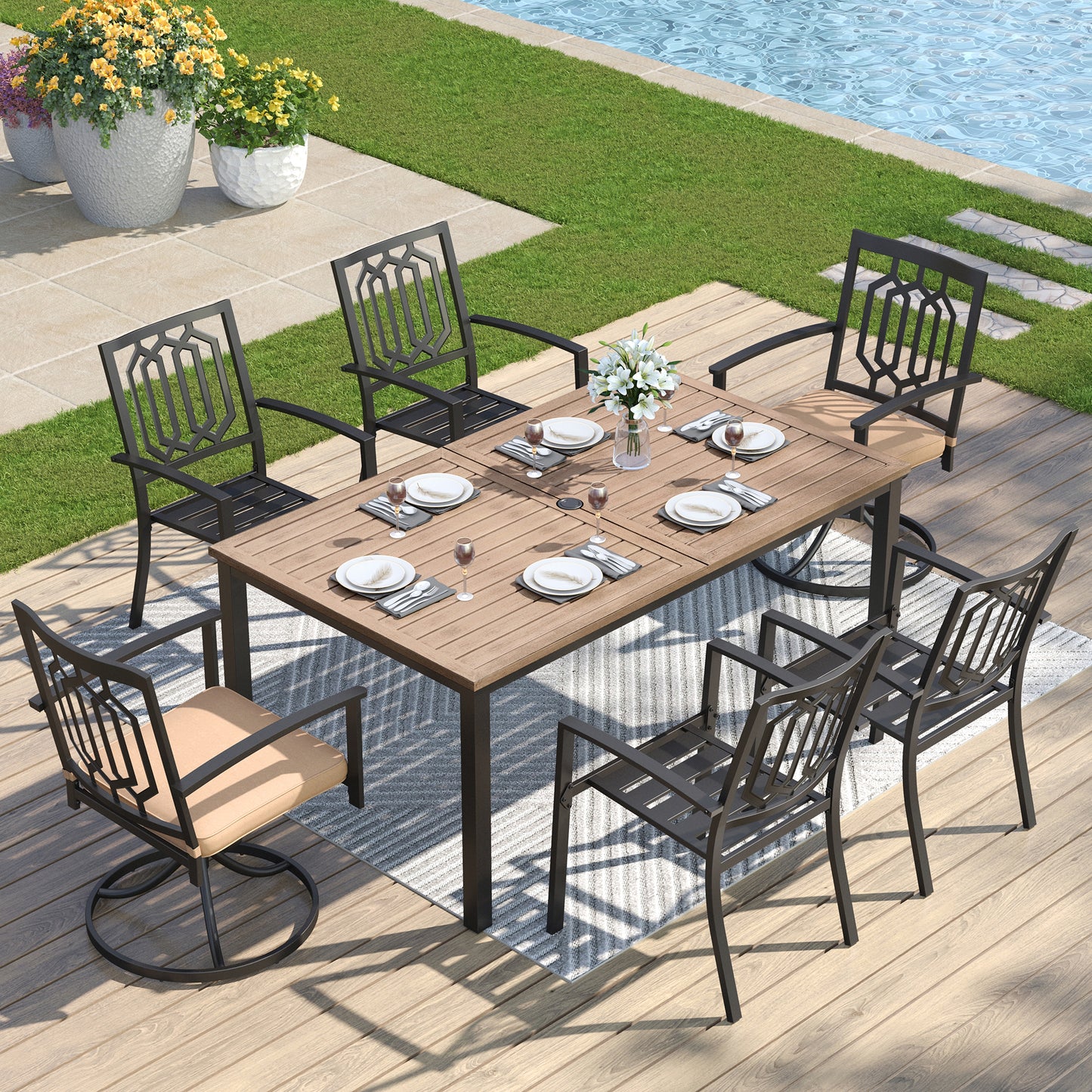 Captiva Designs 7 件套露台餐厅 U 型腿木质长方形桌子和金属可堆叠椅子，带剥离式靠背