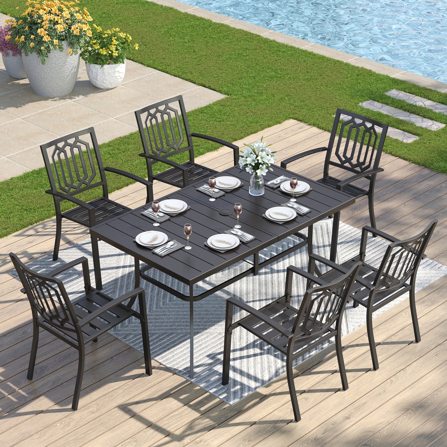 Captiva Designs 7 件套露台餐桌椅套装，配有带板顶的矩形桌子和带剥离式靠背的金属可堆叠椅子