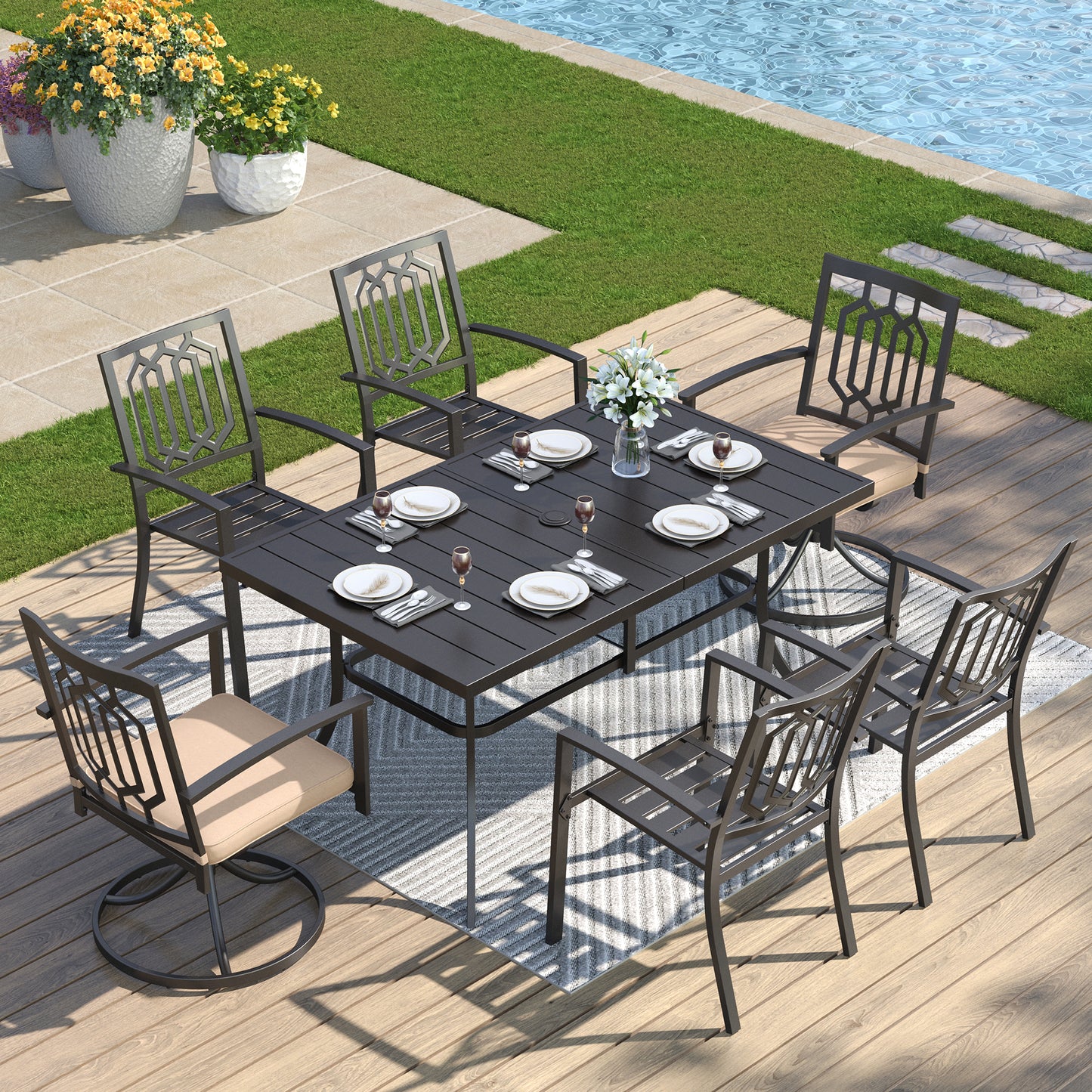 Captiva Designs 7 件套露台餐桌椅套装，配有带顶板的矩形桌子、可叠放的固定椅子和旋转钢椅