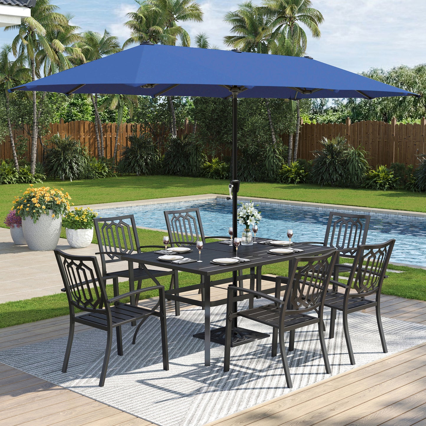 Captiva Designs 8pc Outdoor Slat-top Rectangle Steel Dining Table & Metal Stackable Chairs  & 13ft Blue Umbrella