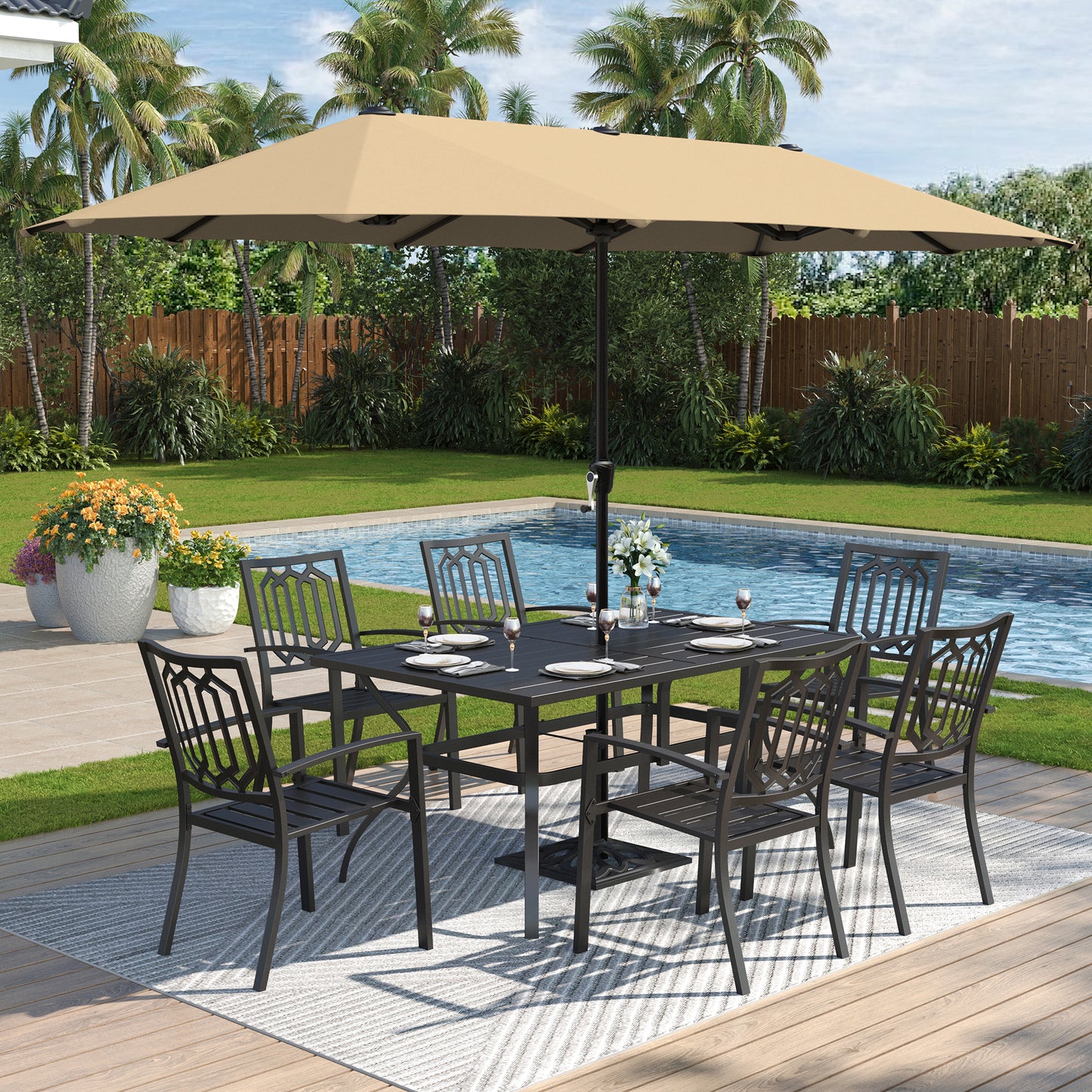 Captiva Designs 1 件装露台 U 型腿木质金属长方形桌子，带伞孔