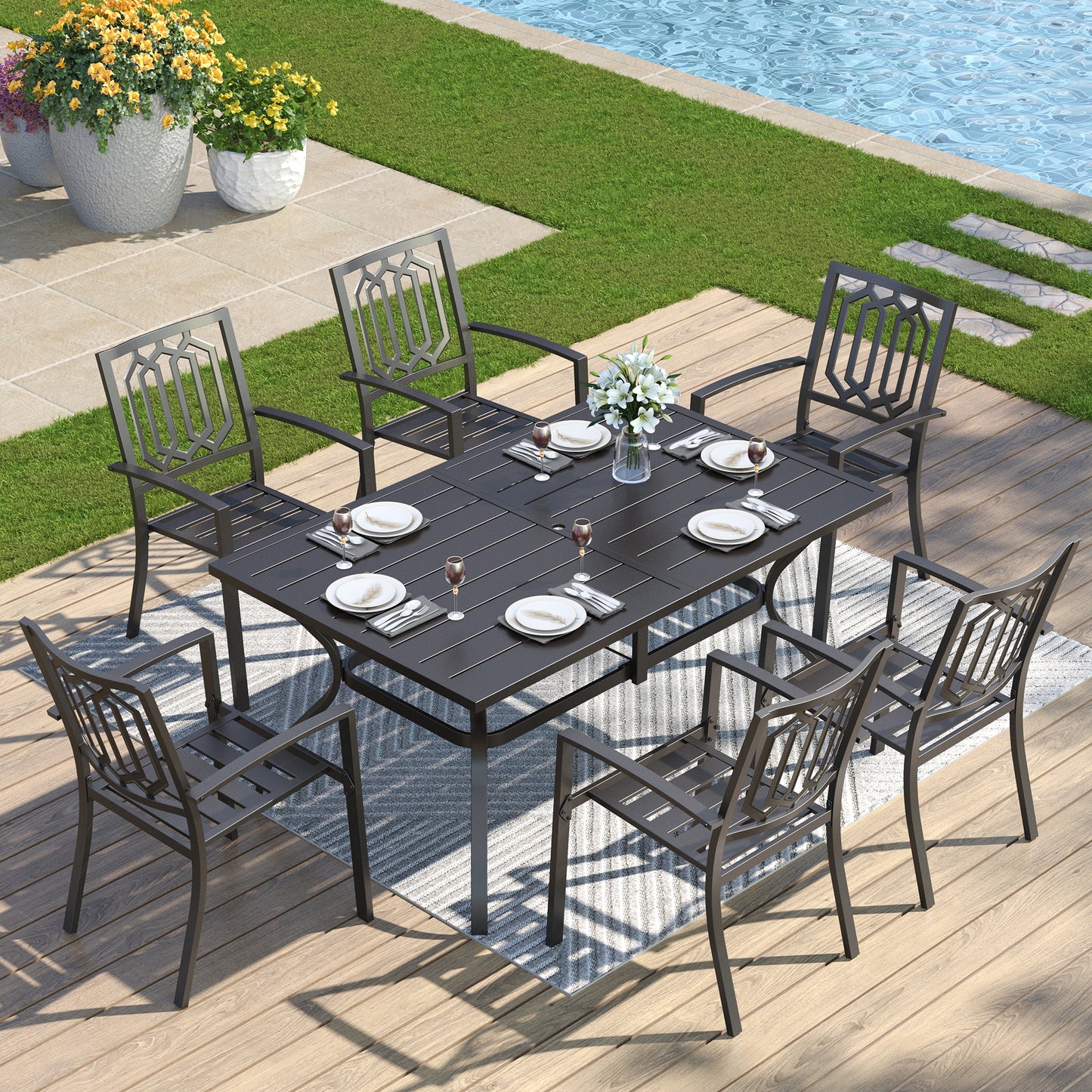 Captiva Designs 7 件套露台餐桌椅套装，配有带板顶的矩形桌子和带剥离式靠背的金属可堆叠椅子