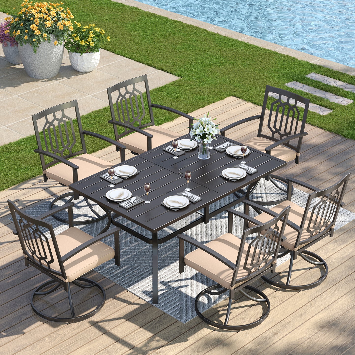 Captiva Designs 7 件套露台餐厅板顶矩形桌子和旋转椅，带靶心图案