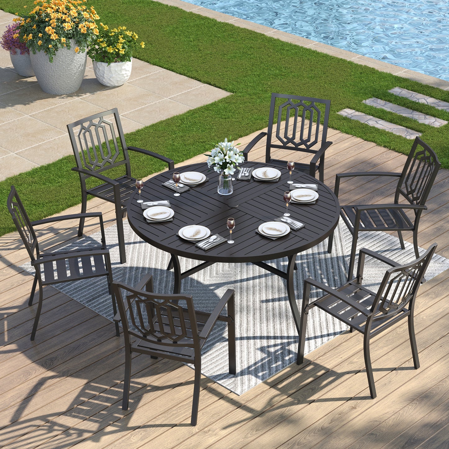 Captiva Designs 7 件套黑色圆形板条钢桌，带伞孔和金属可堆叠椅子