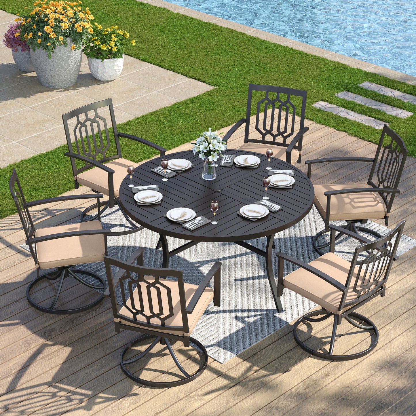 Captiva Designs 7 件套黑色圆形板条钢桌，带伞孔和金属可堆叠椅子