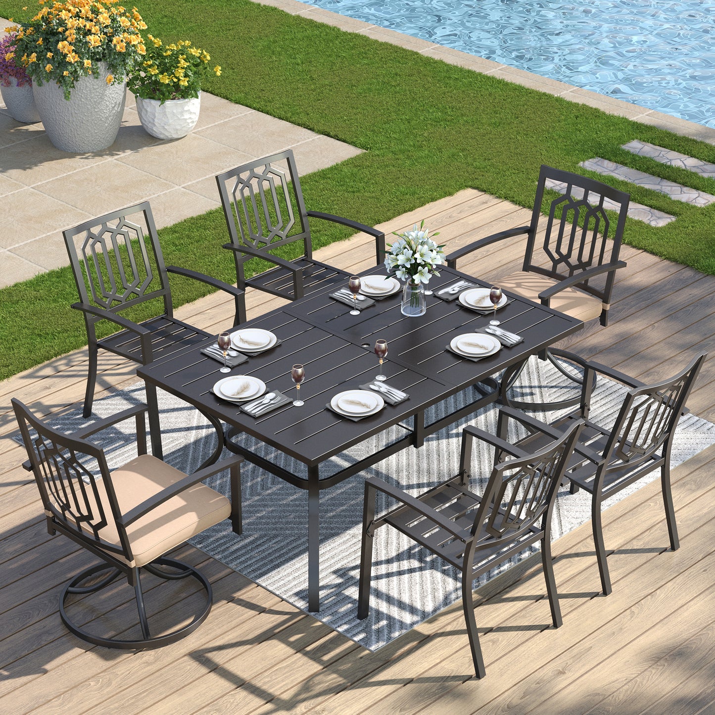 Captiva Designs 7 件套露台餐桌椅套装，配有带顶板的矩形桌子、可叠放的固定椅子和旋转钢椅