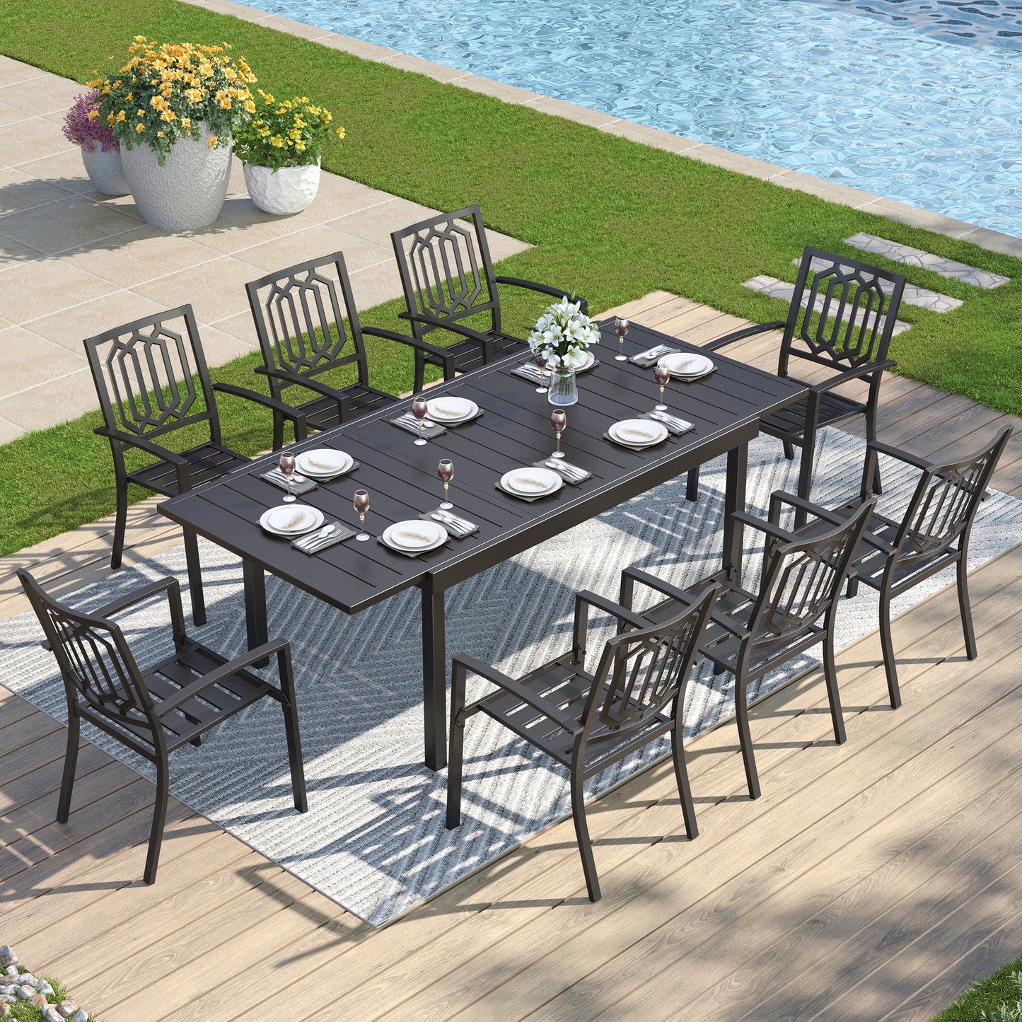 Captiva Designs 9 件套露台板顶可调节钢制矩形桌和金属可叠放椅子，带剥离式靠背