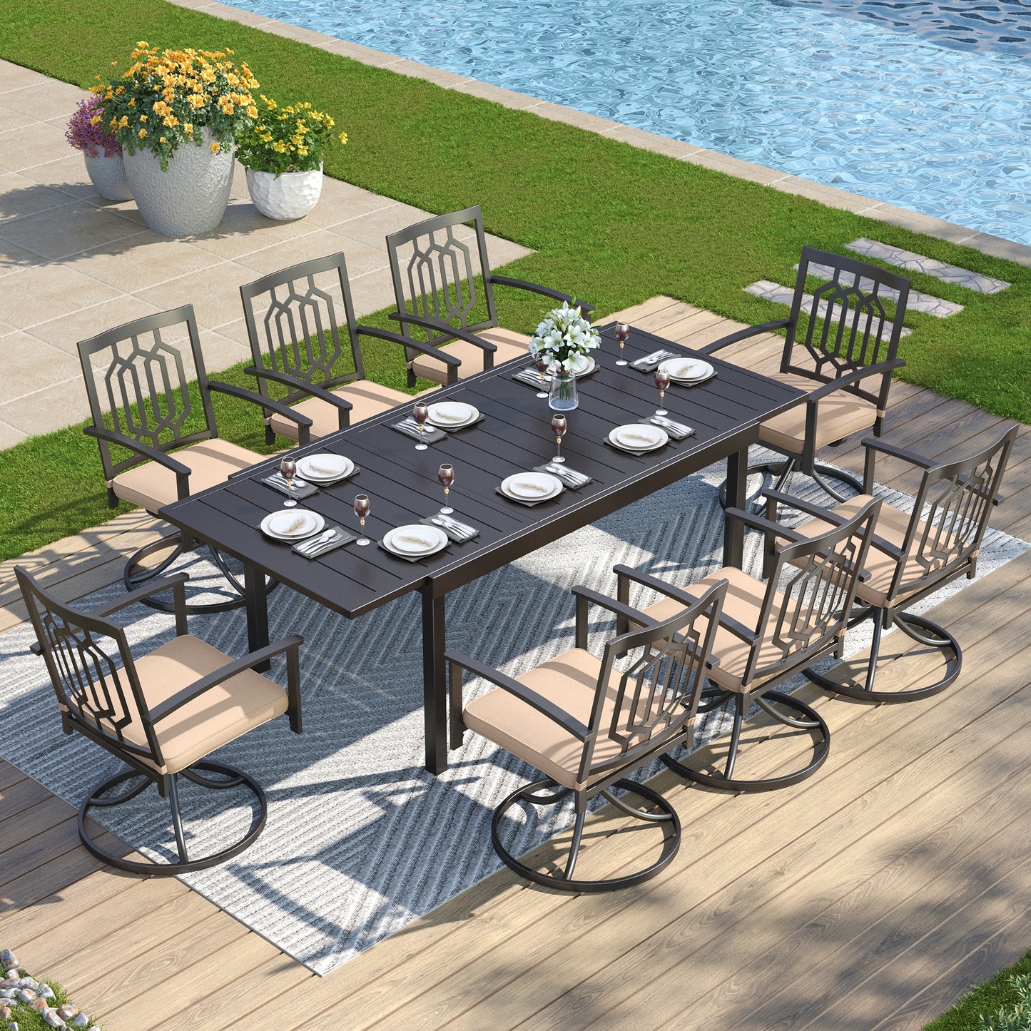 Captiva Designs 9pc Patio Slat-top Adjustable Steel Rectangle Dining Table & Black Metal Chairs