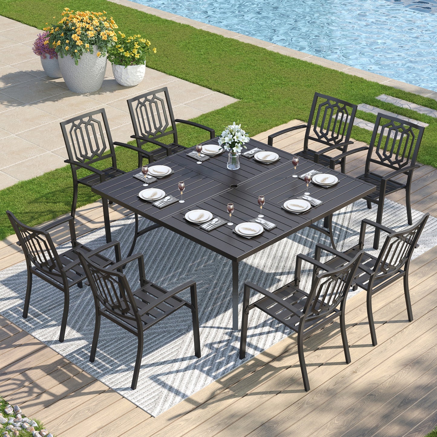 Captiva Designs 9 件套宽敞方形金属板顶桌，带伞孔和金属可叠放椅子，带剥离式靠背