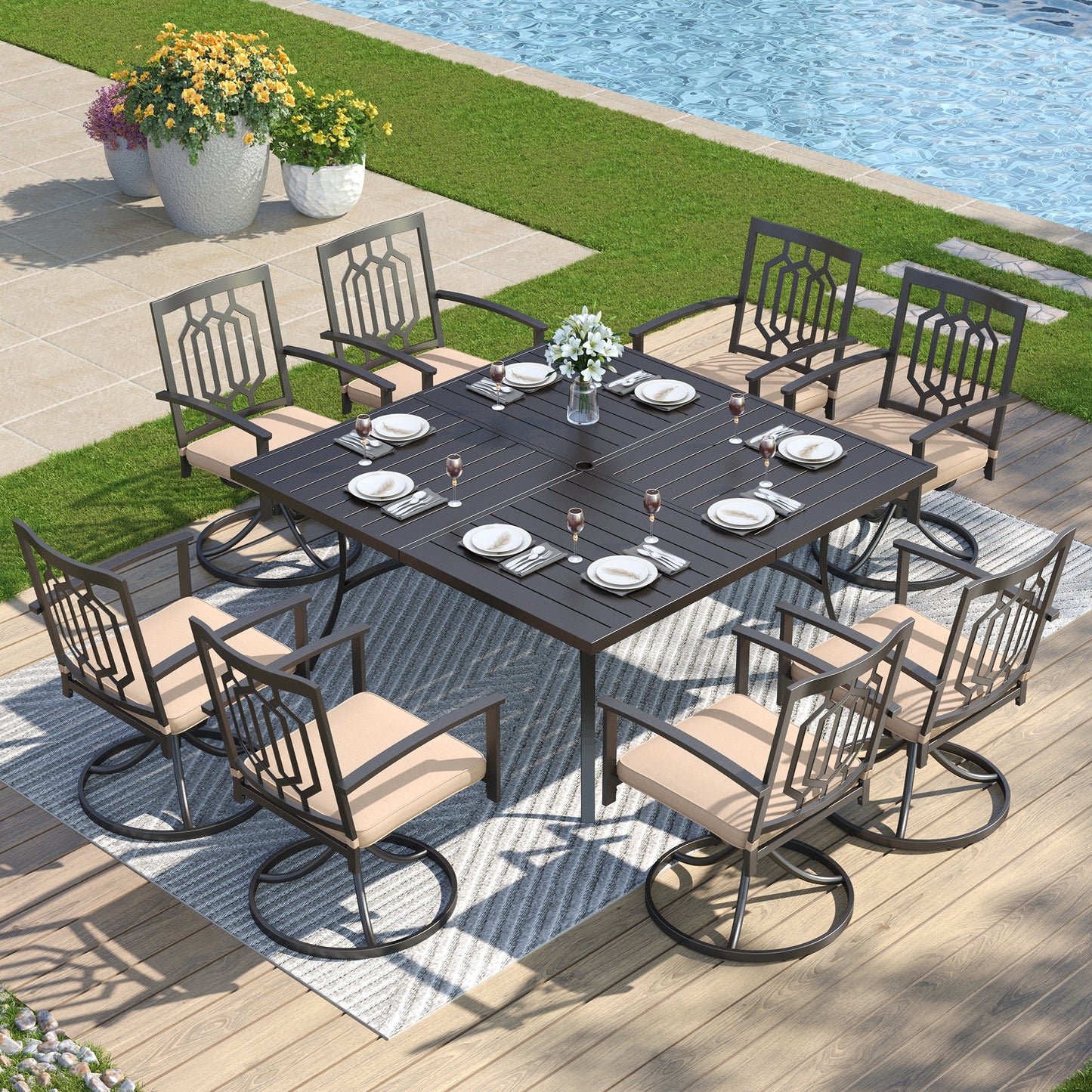 Captiva Designs 9 件套宽敞方形金属板顶桌，带伞孔和带网状靠背的旋转钢椅