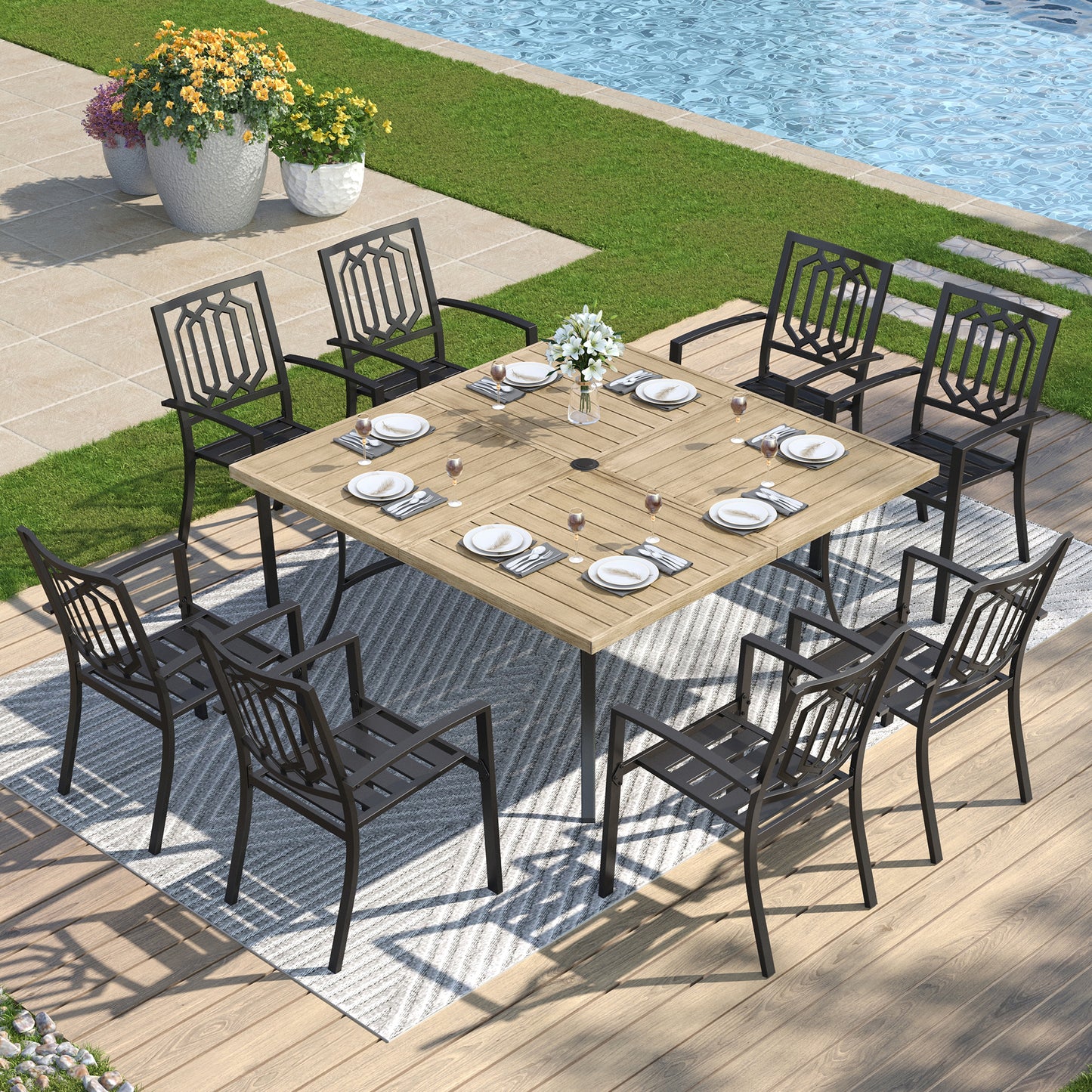 Captiva Designs 9 件套宽敞方形金属板顶桌，带伞孔和金属可叠放椅子，带剥离式靠背