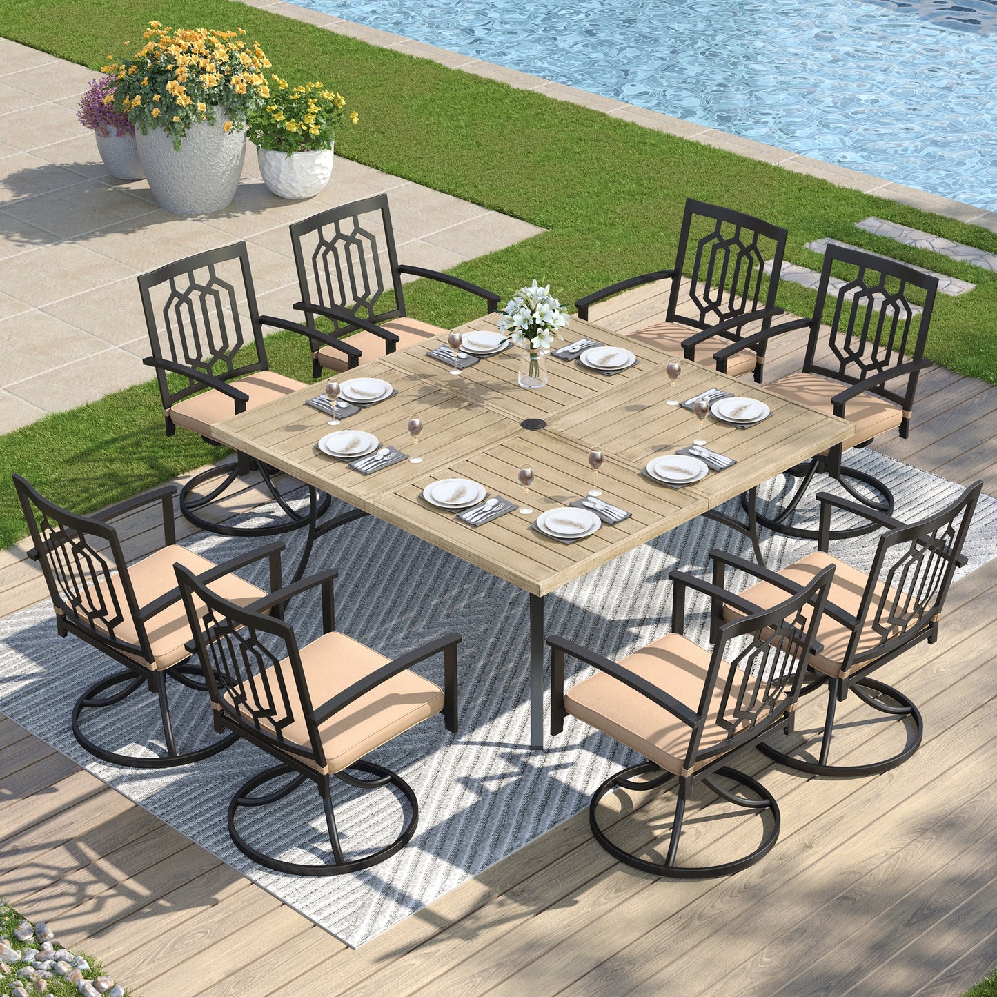 Captiva Designs 9 件套宽敞方形金属板顶桌，带伞孔和带网状靠背的旋转钢椅