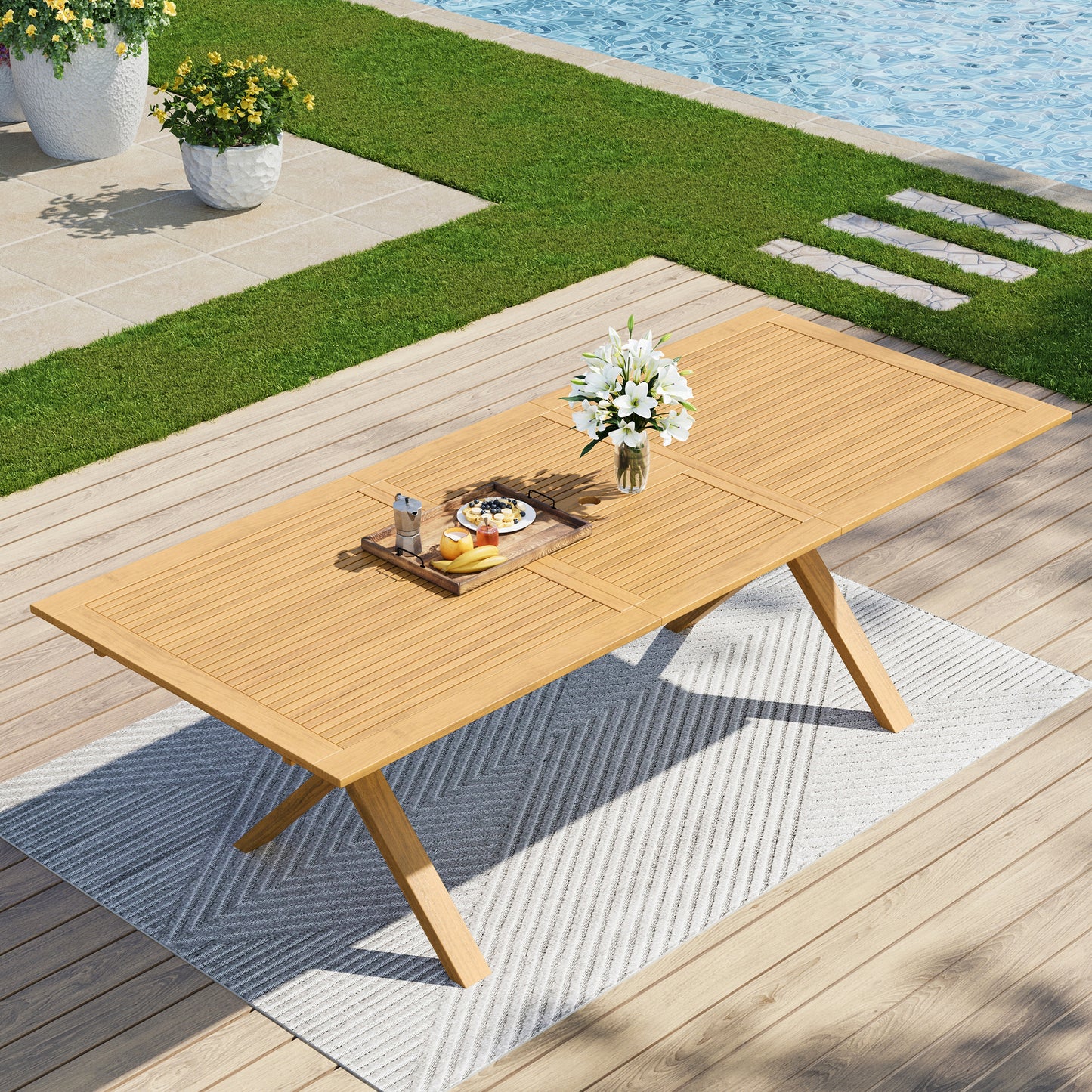 Captiva Designs 7 件套相思木露台家具套装，配有可扩展桌子和软垫椅子