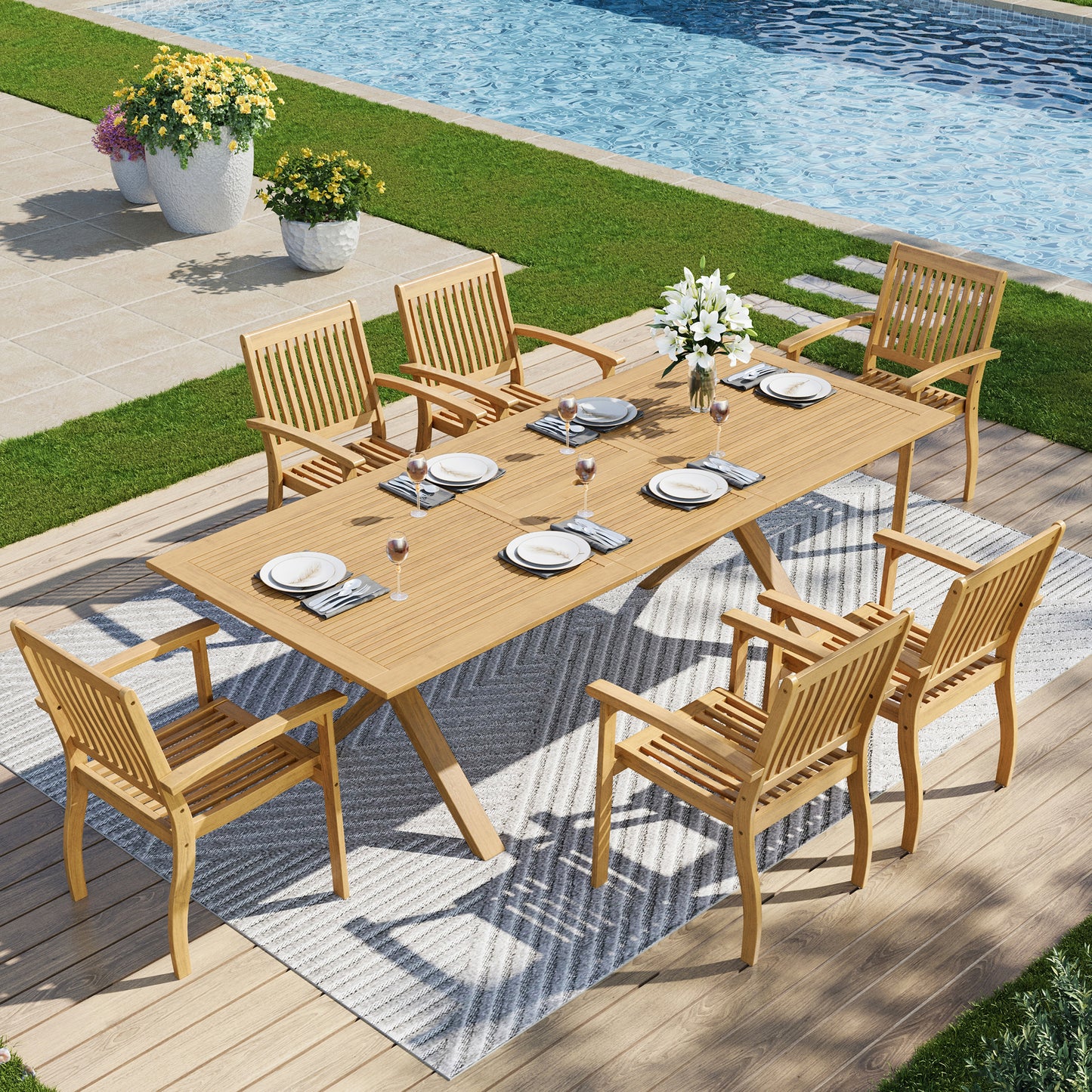 Captiva Designs 7 件套相思木露台家具套装，配有可扩展桌子和软垫椅子