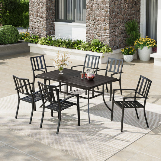 Captiva Designs 7 件套露台餐桌椅套装，配有带板顶的矩形桌子和带剥离式靠背的金属可堆叠椅子