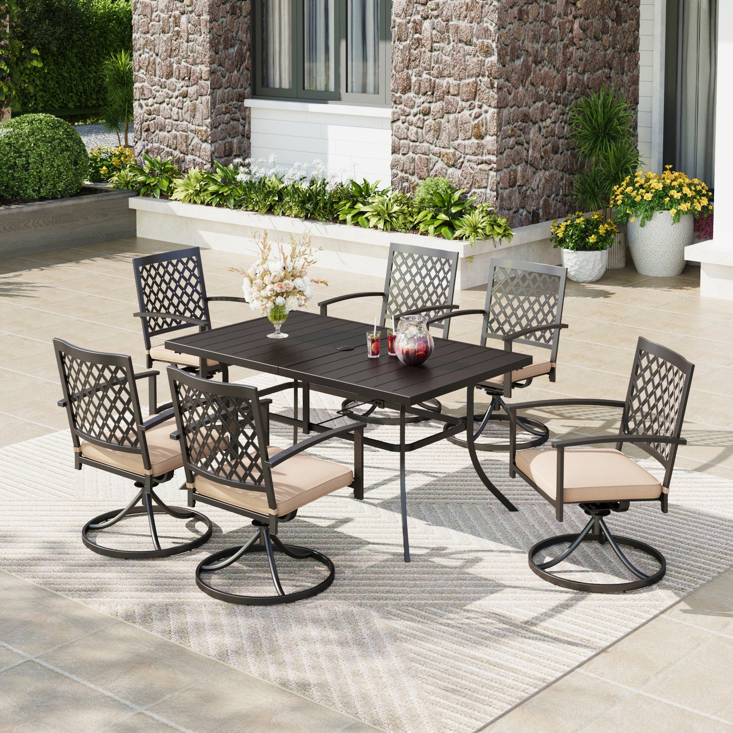 Captiva Designs 7 件套露台餐厅板顶矩形桌子和旋转椅，带靶心图案