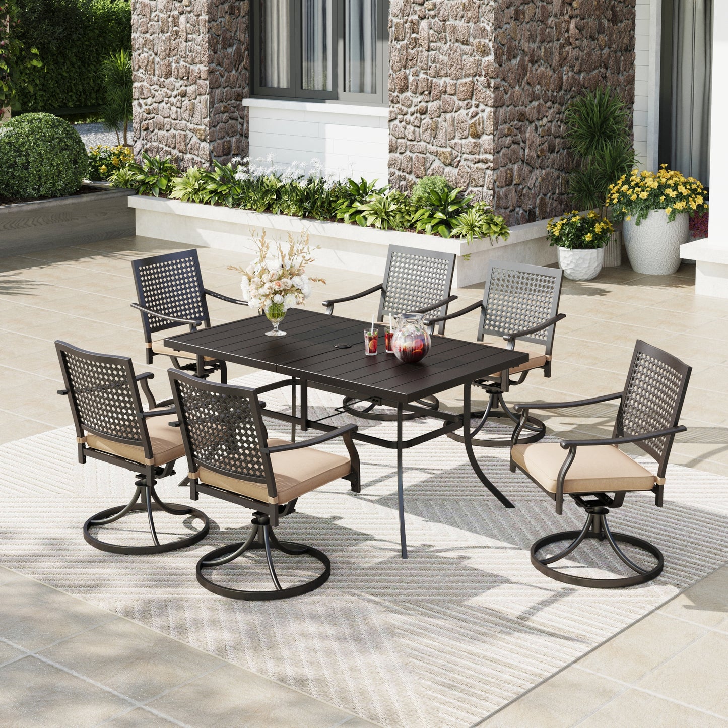 Captiva Designs 7 件套露台餐厅板顶矩形桌子和旋转椅，带靶心图案