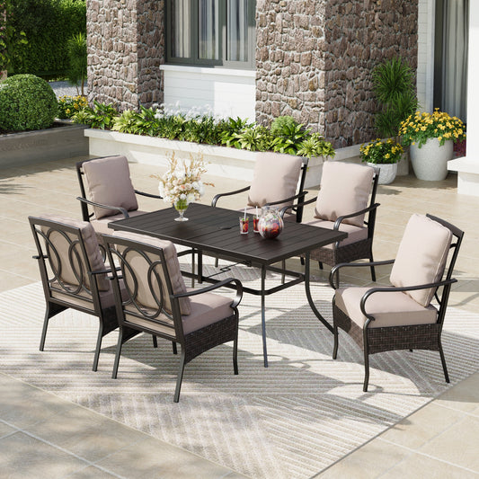 Captiva Designs 7 件套露台餐桌椅套装，配有带顶板的矩形桌子和藤制金属旋转扶手椅