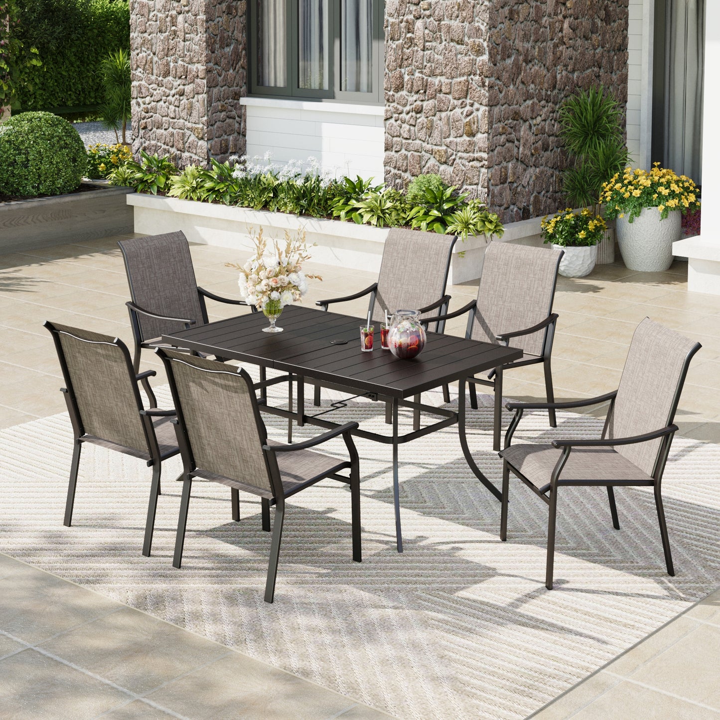 Captiva Designs 7 件套户外餐桌椅套装，配有带板顶的矩形桌子和高背藤制固定椅子