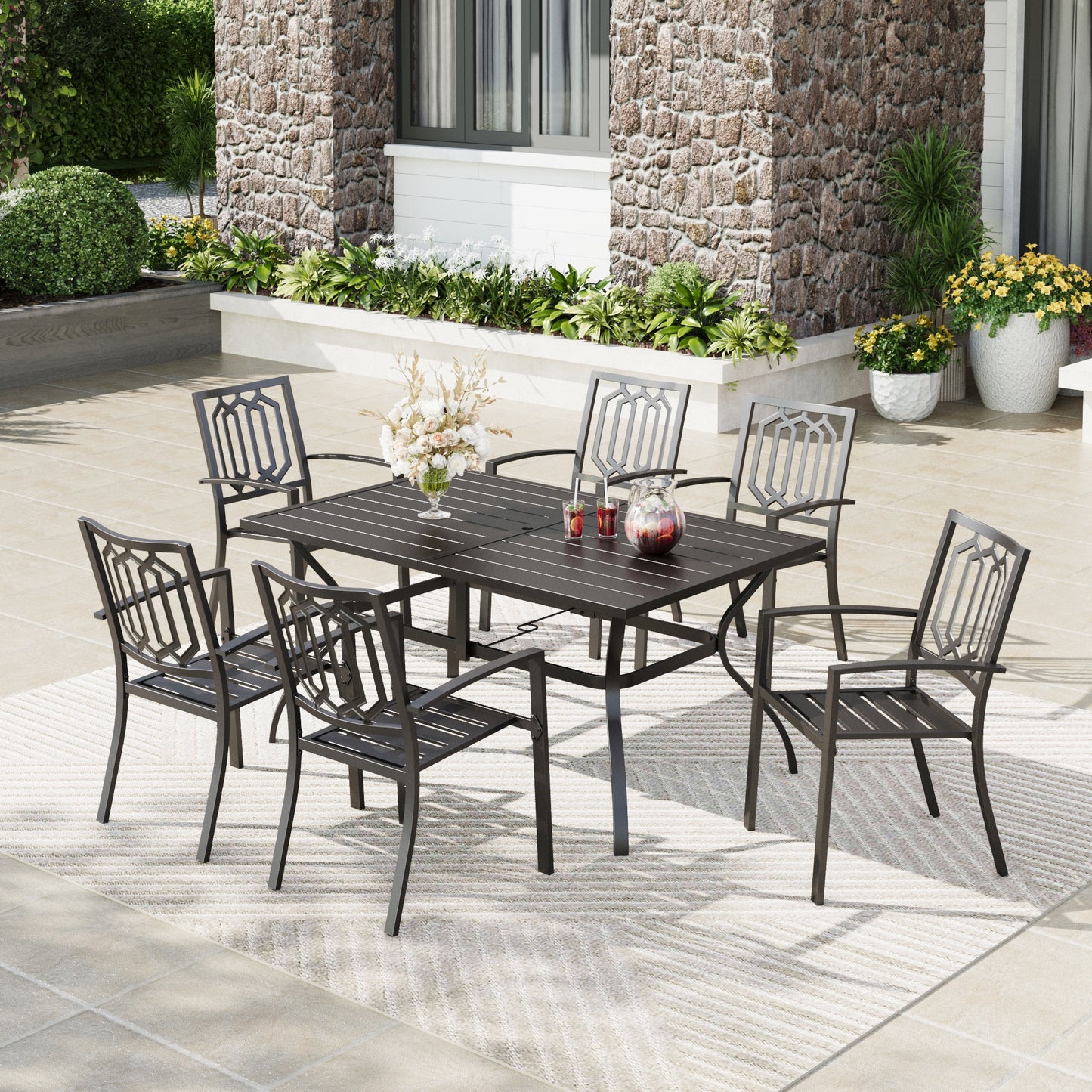 Captiva Designs 7 件套露台餐桌椅套装，配有带板顶的矩形桌子和带剥离式靠背的金属可堆叠椅子