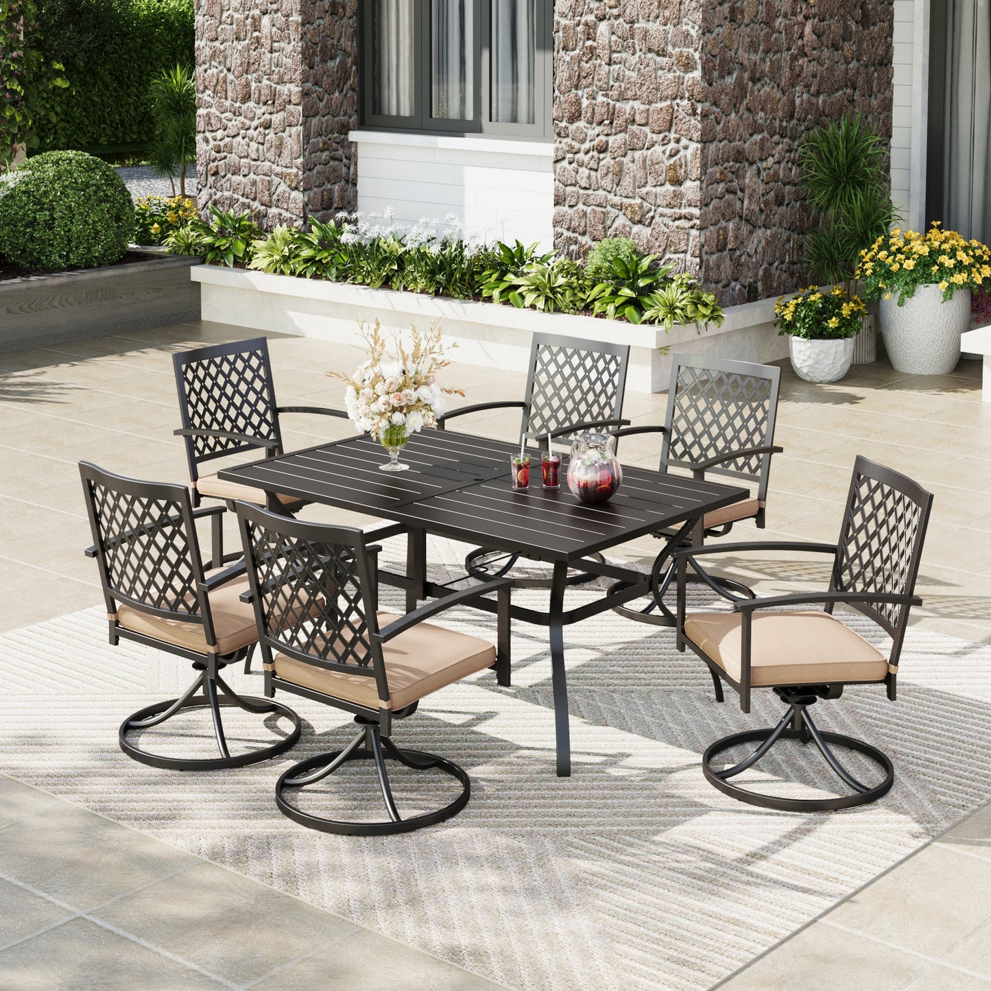 Captiva Designs 7 件套露台餐厅板顶矩形桌子和旋转椅，带靶心图案