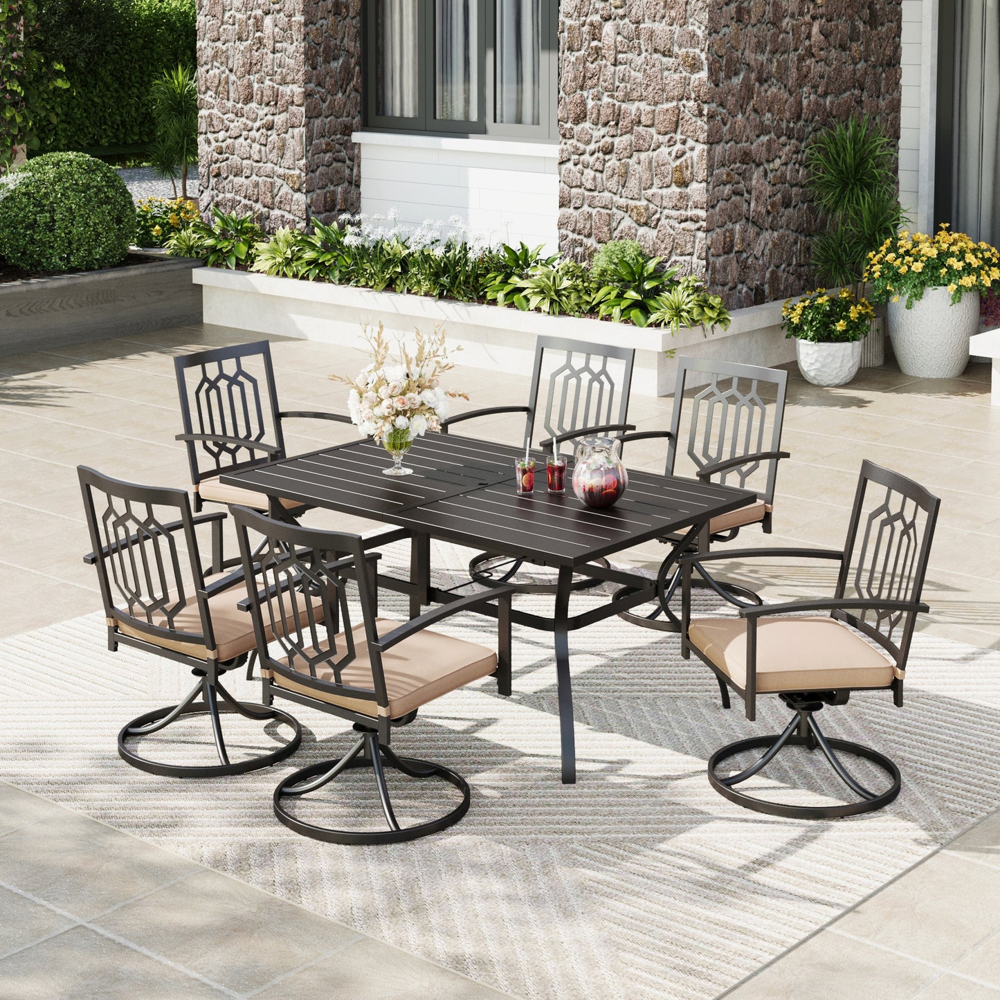 Captiva Designs 7 件套露台餐厅板顶矩形桌子和旋转椅，带靶心图案