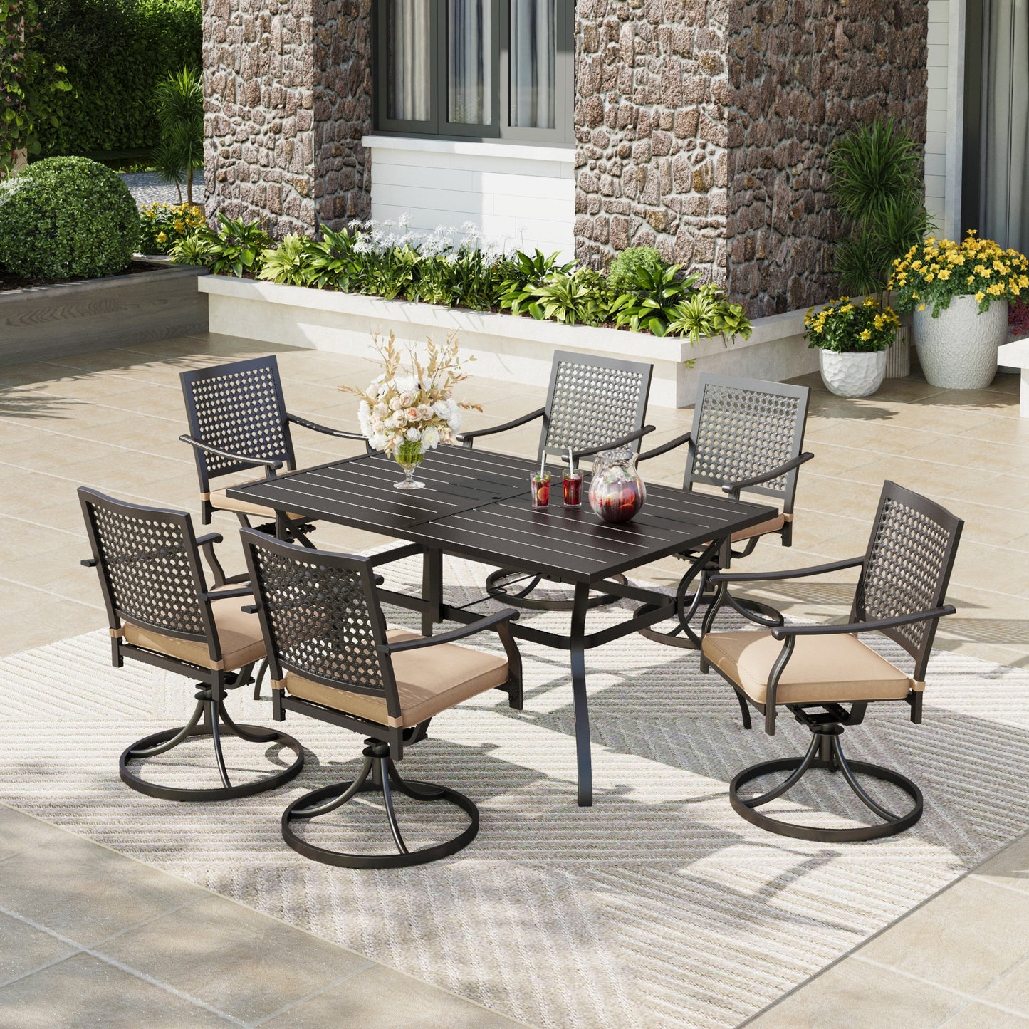 Captiva Designs 7 件套露台餐厅板顶矩形桌子和旋转椅，带靶心图案