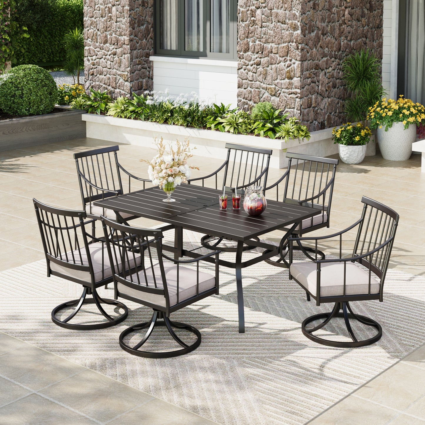 Captiva Designs 7 件套露台餐桌椅套装，配有带顶板的矩形桌子和时尚的固定扶手椅