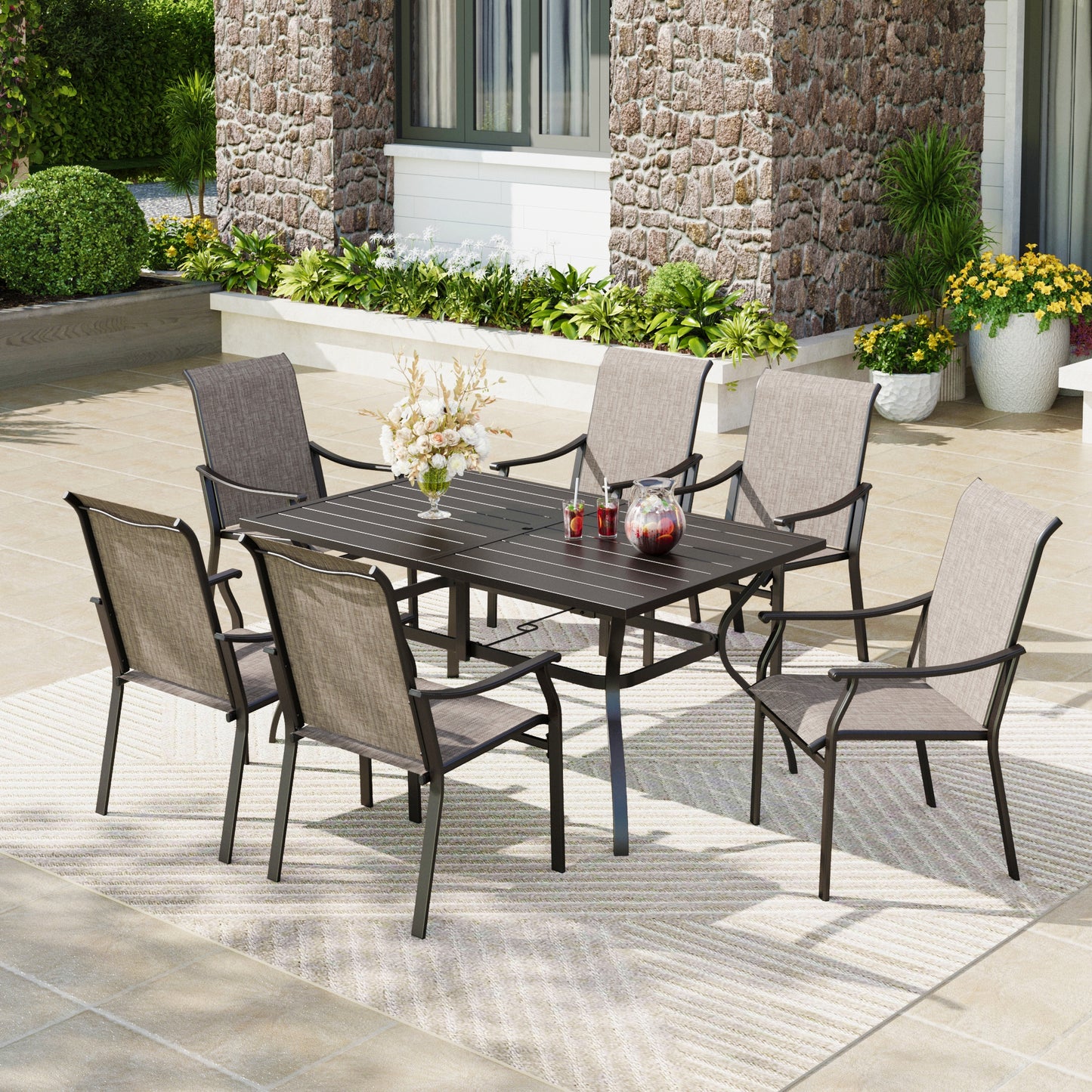 Captiva Designs 7 件套户外餐桌椅套装，配有带板顶的矩形桌子和高背藤制固定椅子