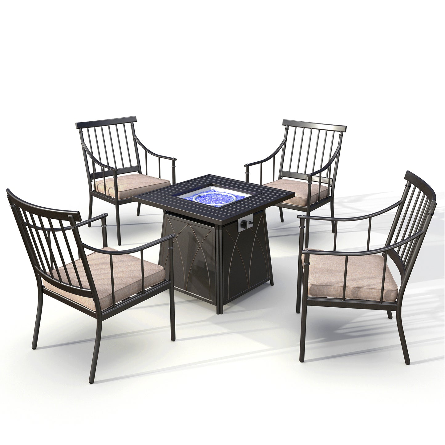 Captiva Designs 5pc Patio Dining Square Steel Fire Pit Table & Armrest Metal Frame Chairs