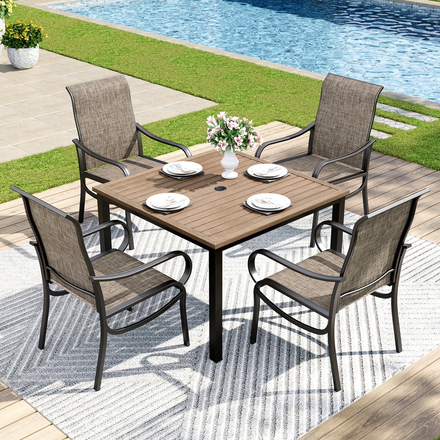 Captiva Designs 5pc Patio Set Steel Frame Dining Table with Umbrella Hole &  Breathable Quick-dry Sling Chairs