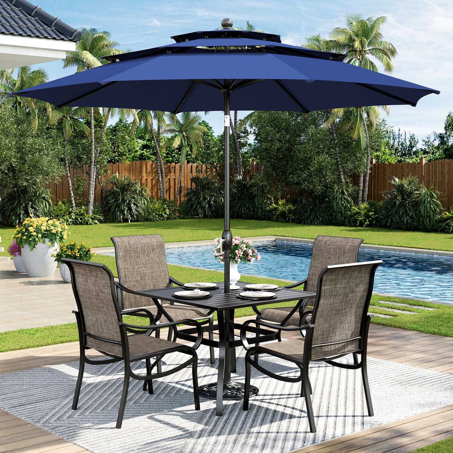 Captiva Designs 6pc Patio Dining Set with Square Steel Frame Table  & Sling Chairs & Market Umbrella