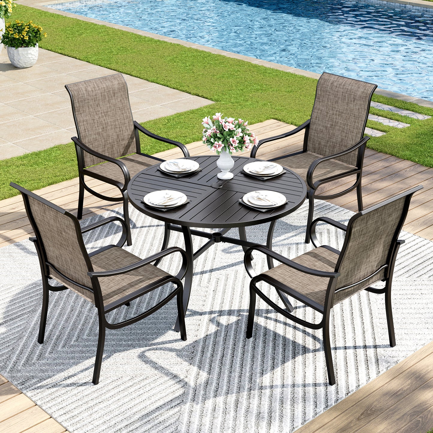 Captiva Designs 5pc Patio Set Steel Frame Dining Table with Umbrella Hole &  Breathable Quick-dry Sling Chairs