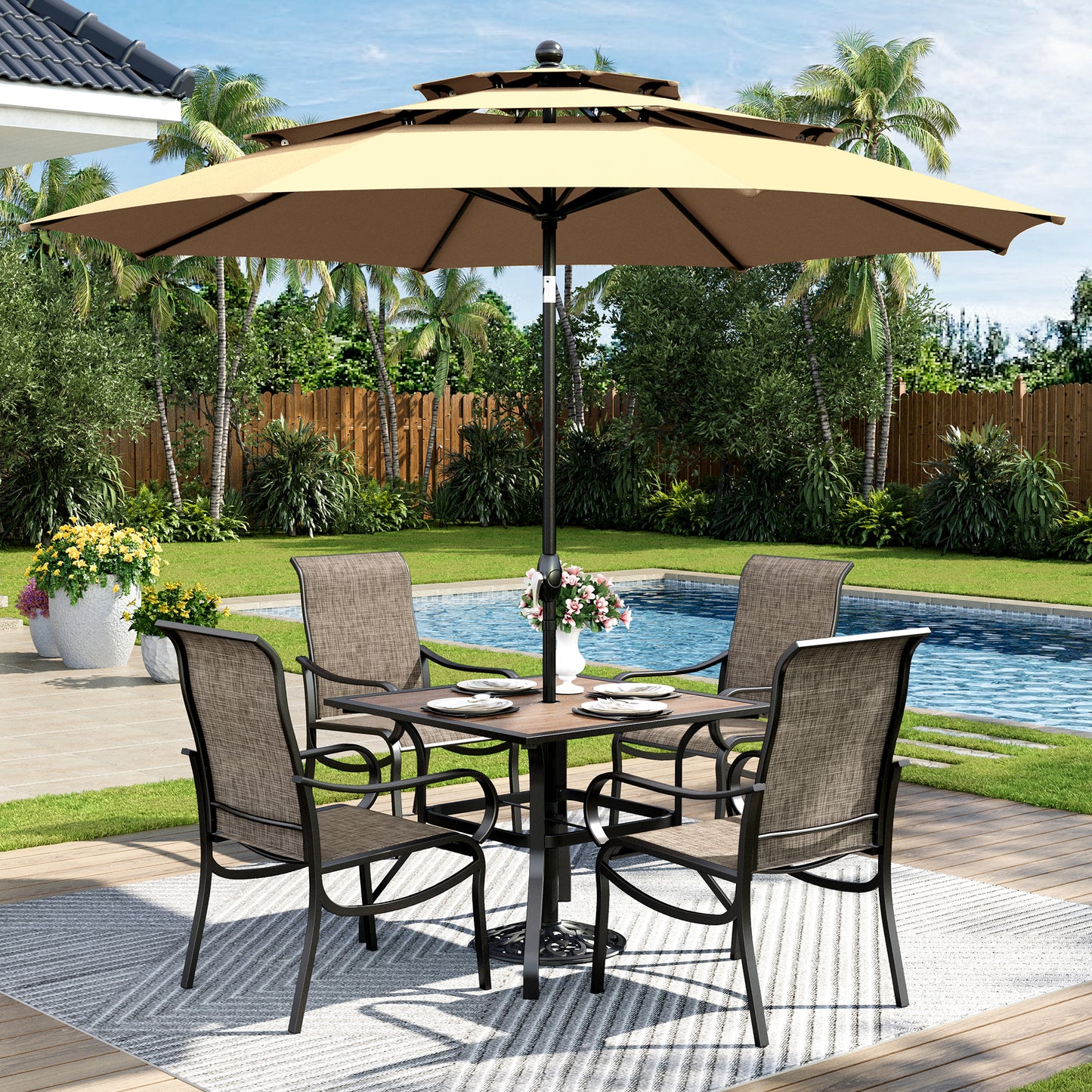 Captiva Designs 6pc Patio Dining Set with Square Steel Frame Table  & Sling Chairs & Market Umbrella
