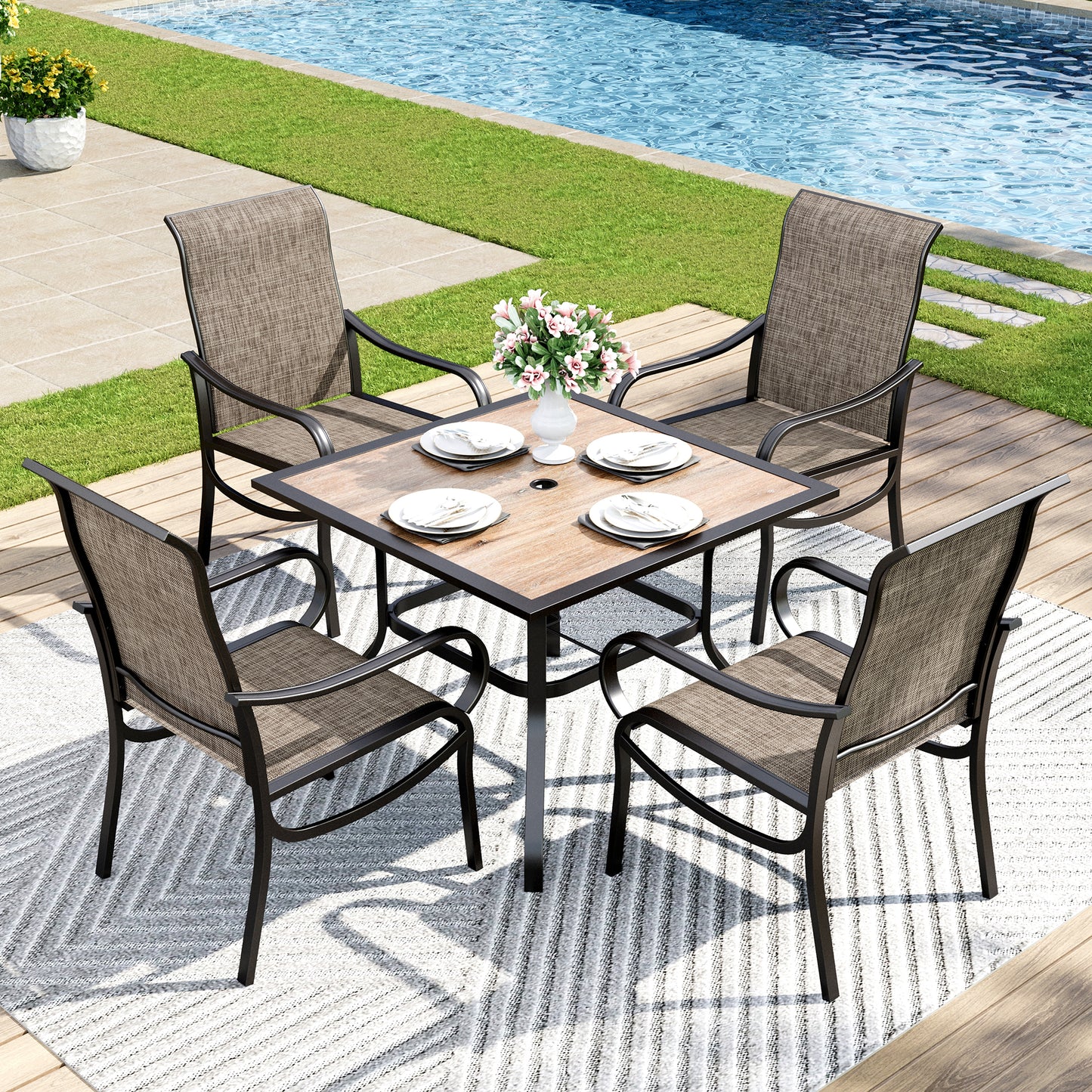 Captiva Designs 5pc Patio Set Steel Frame Dining Table with Umbrella Hole &  Breathable Quick-dry Sling Chairs
