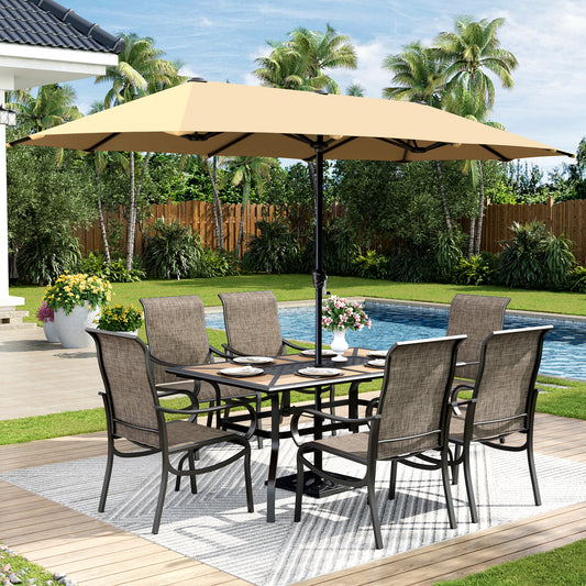 Captiva Designs 8pc Outdoor Wood-look Rectangle Steel Dining Table & Sling Chairs & Market Umbrella