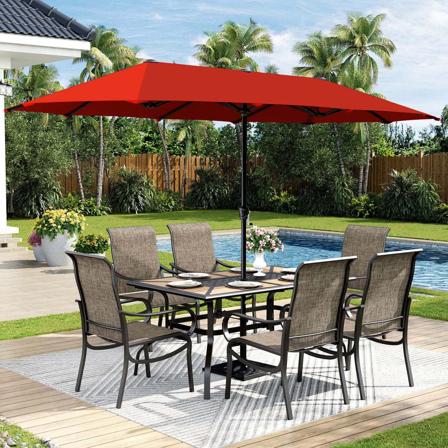 Captiva Designs 8pc Outdoor Wood-look Rectangle Steel Dining Table & Sling Chairs & Market Umbrella