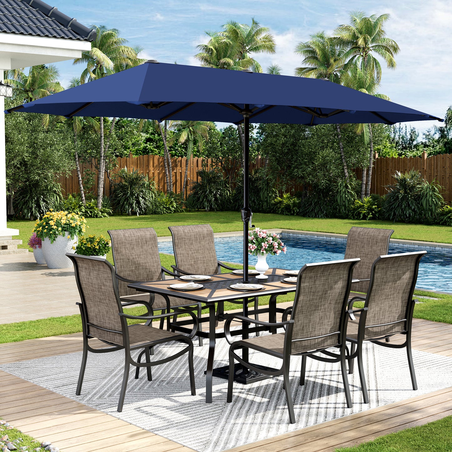 Captiva Designs 8pc Outdoor Wood-look Rectangle Steel Dining Table & Sling Chairs & Market Umbrella