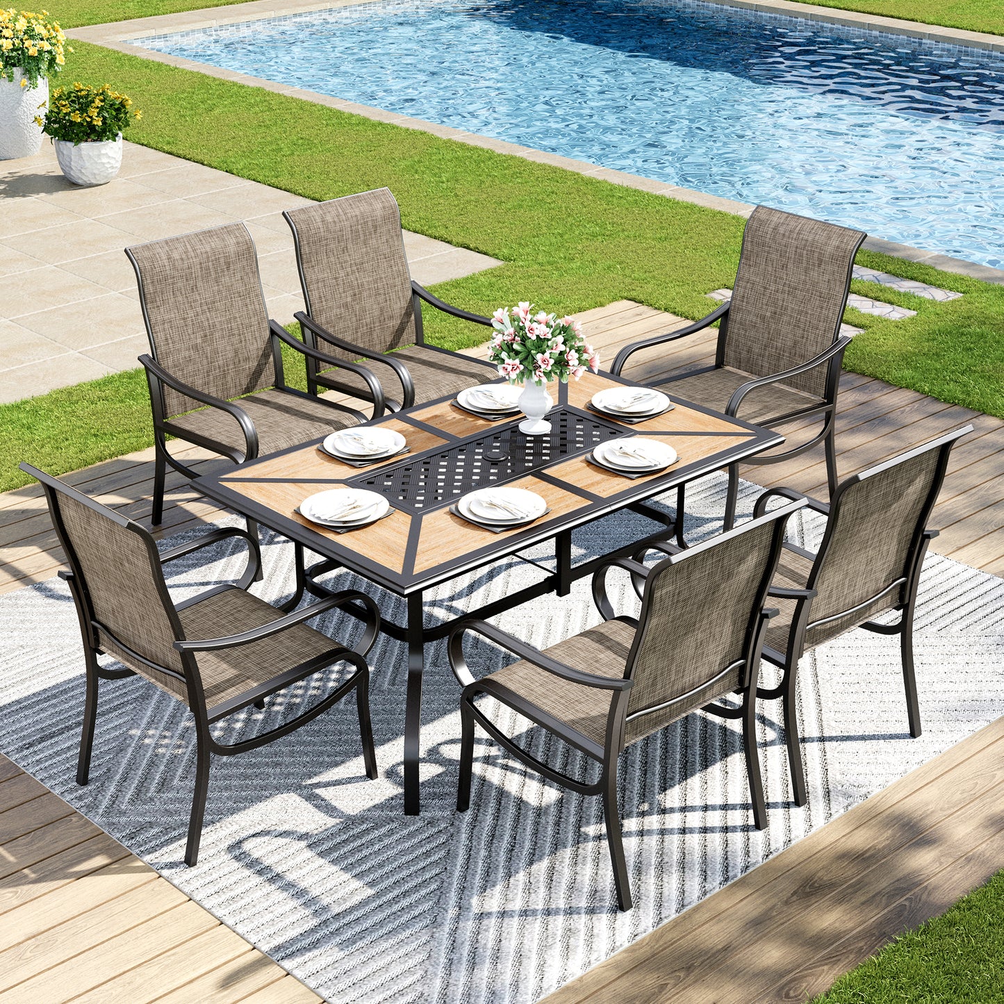 Captiva Designs 7pc Outdoor Dining Rectangle Table & Breathable Quick-dry Sling Chairs
