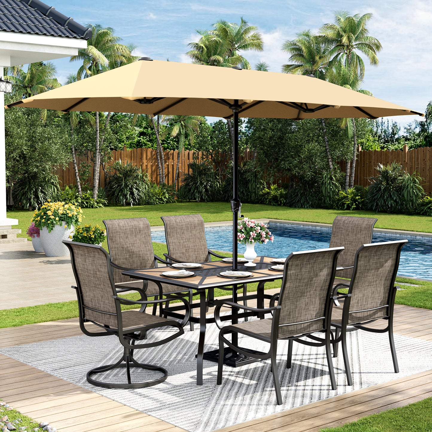 Captiva Designs 8pc Outdoor Wood-look Rectangle Steel Dining Table & Sling Chairs & Market Umbrella