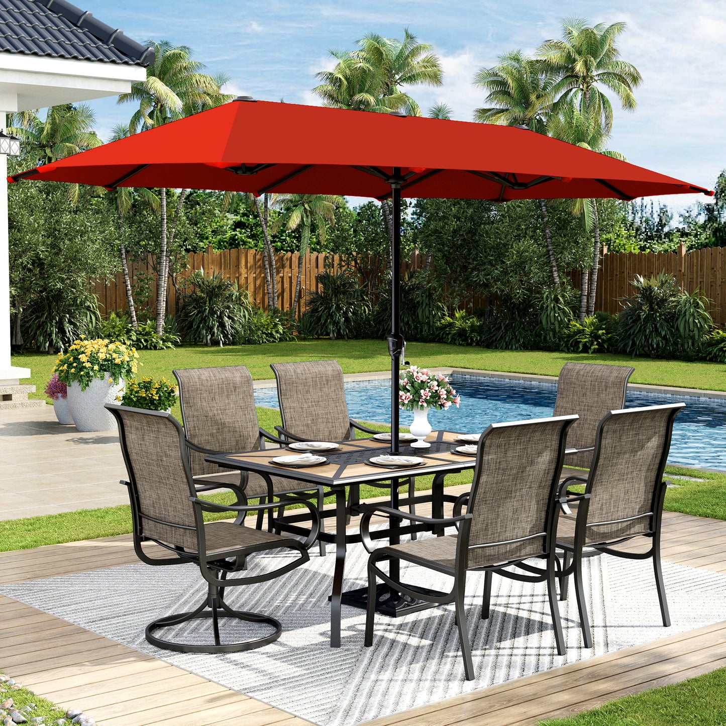 Captiva Designs 8pc Outdoor Wood-look Rectangle Steel Dining Table & Sling Chairs & Market Umbrella