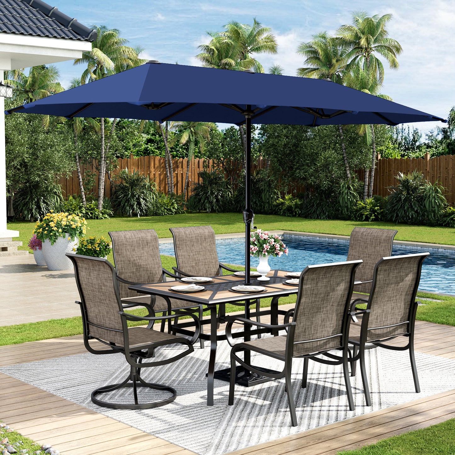 Captiva Designs 8pc Outdoor Wood-look Rectangle Steel Dining Table & Sling Chairs & Market Umbrella