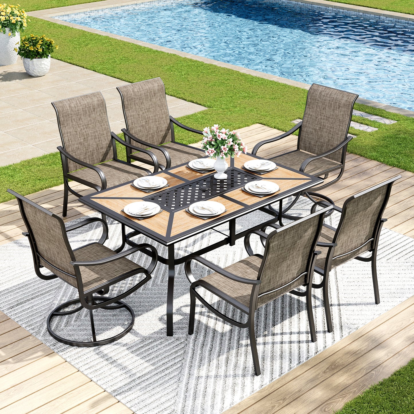 Captiva Designs 7pc Outdoor Dining Rectangle Table & Breathable Quick-dry Sling Chairs