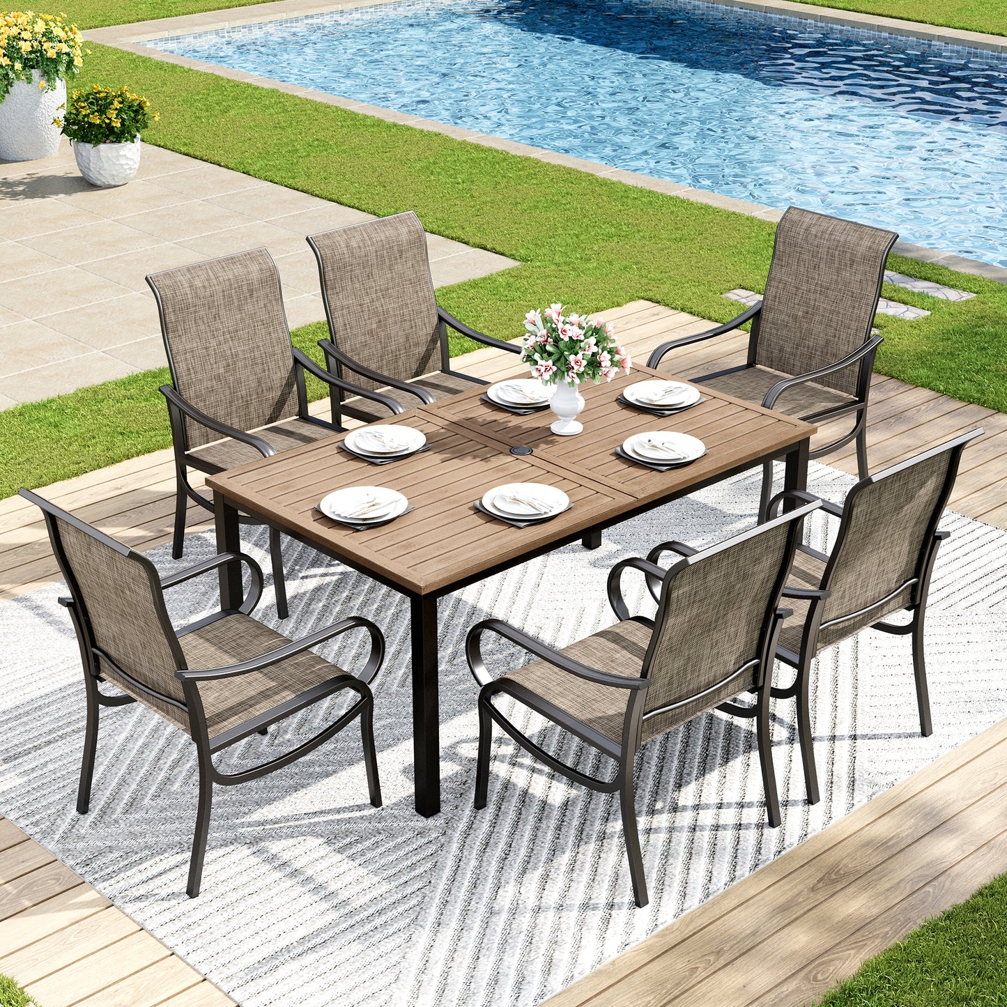 Captiva Designs 7pc Outdoor Dining Rectangle Table & Breathable Quick-dry Sling Chairs