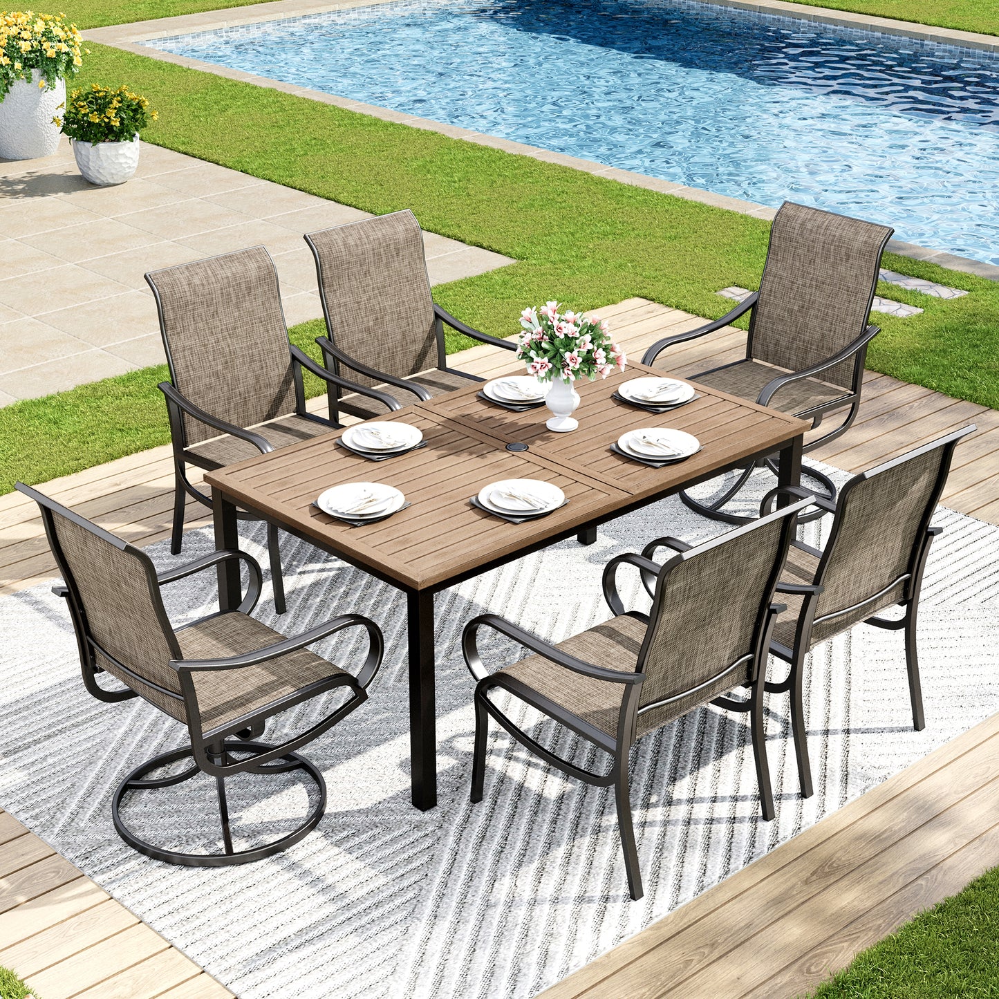 Captiva Designs 7pc Outdoor Dining Rectangle Table & Breathable Quick-dry Sling Chairs