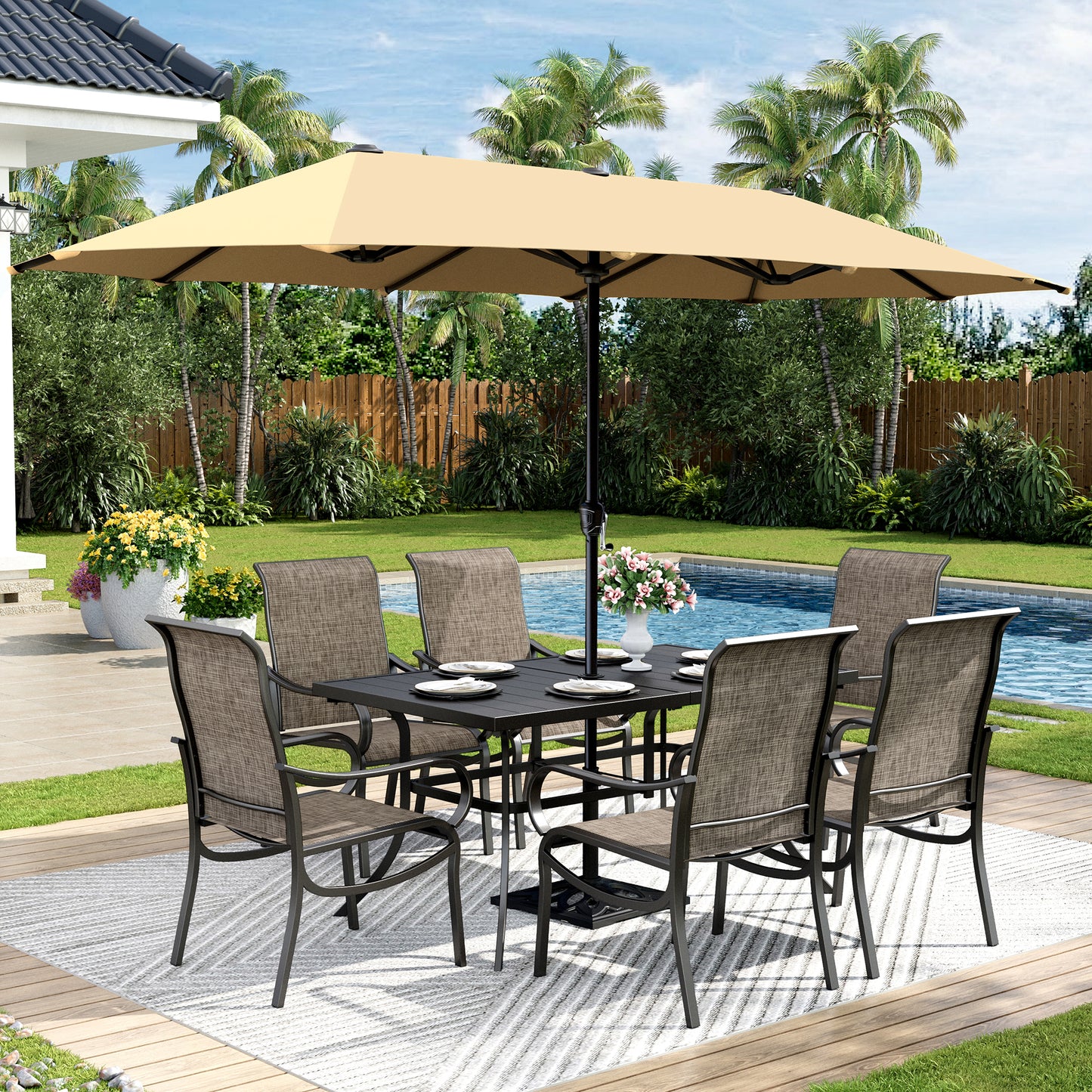 Captiva Designs 8pc Outdoor Rectangular Steel Dining Table & Breathable Sling Chairs & Market Umbrella