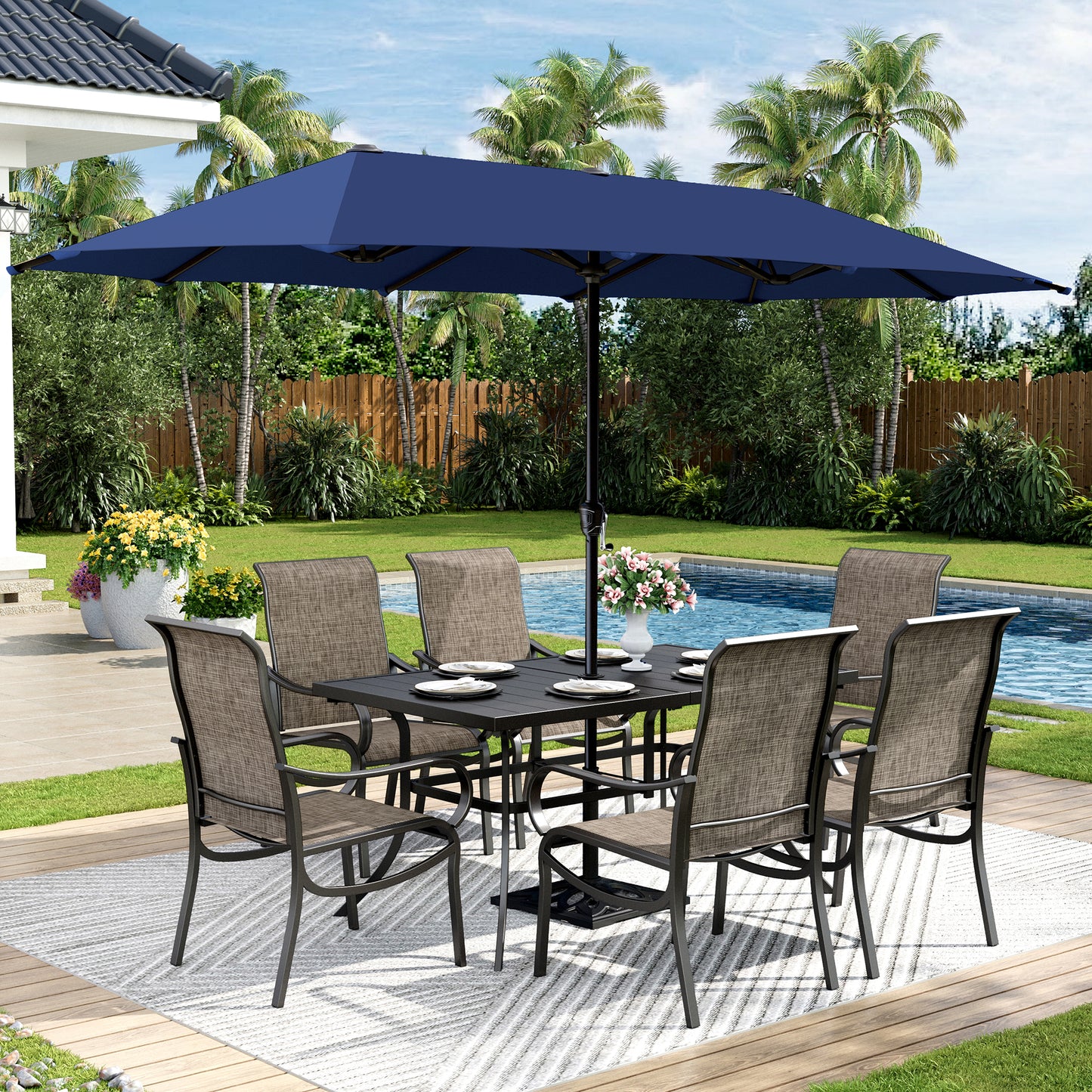 Captiva Designs 8pc Outdoor Rectangular Steel Dining Table & Breathable Sling Chairs & Market Umbrella
