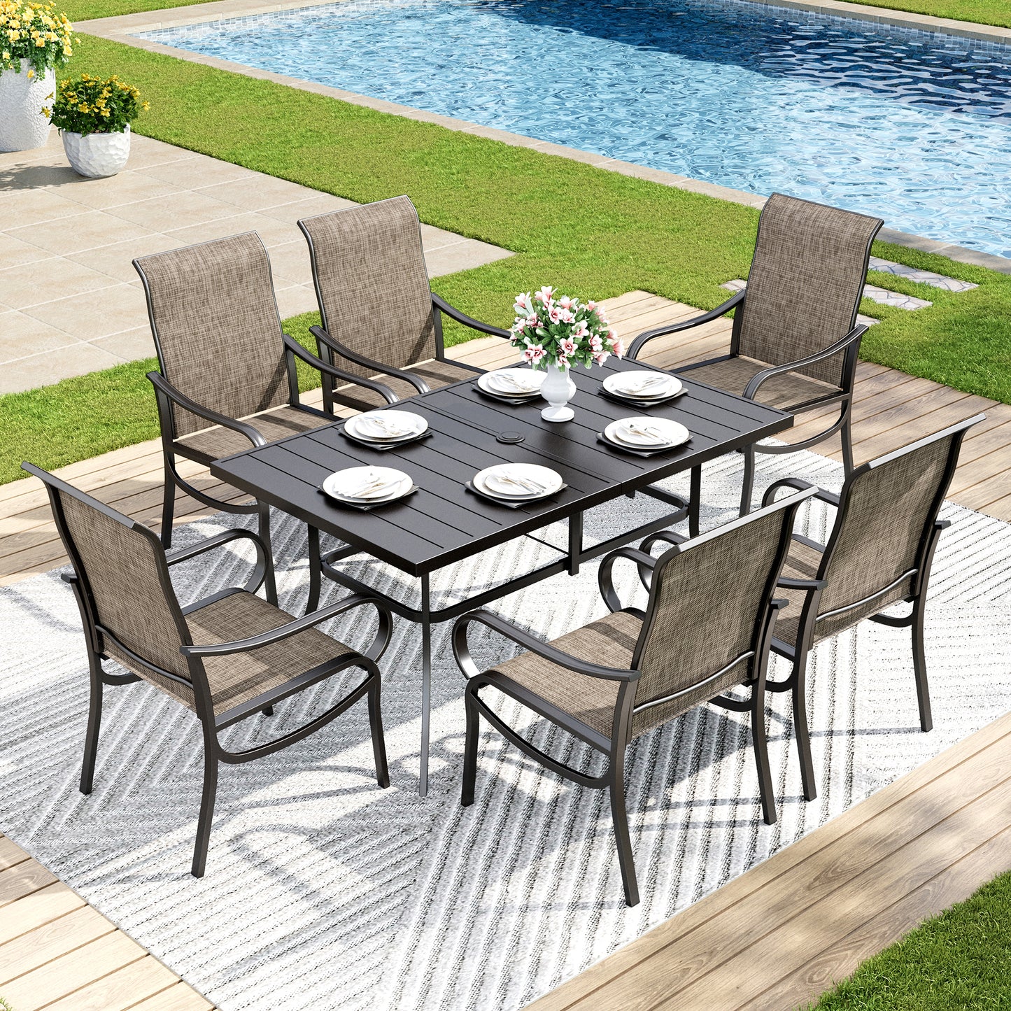 Captiva Designs 7pc Patio Dining Slat-top Rectangle Table & Breathable Quick-dry Sling Chairs